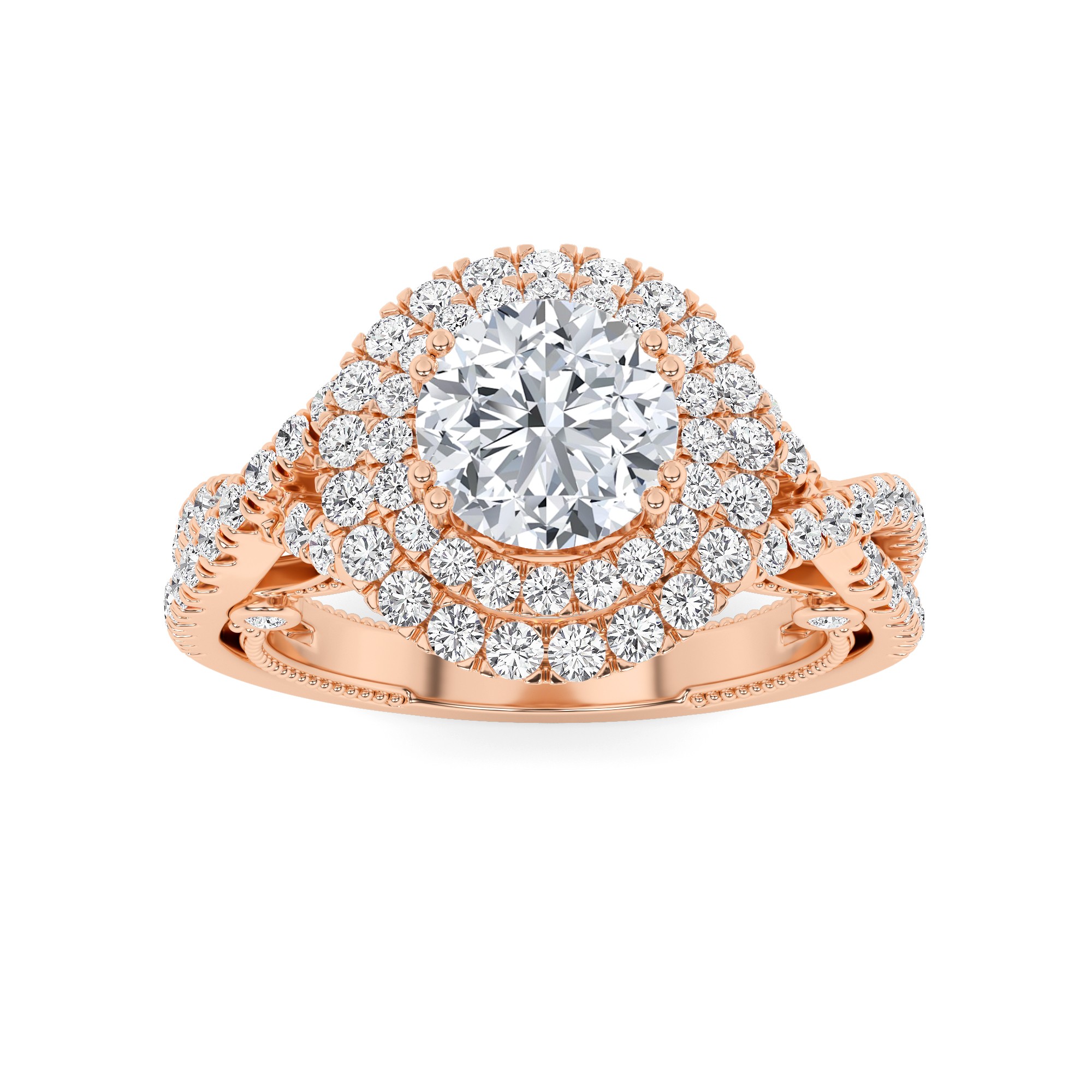 Designer Twisted Halo Round Diamond Engagment Ring in 9K Rose Gold