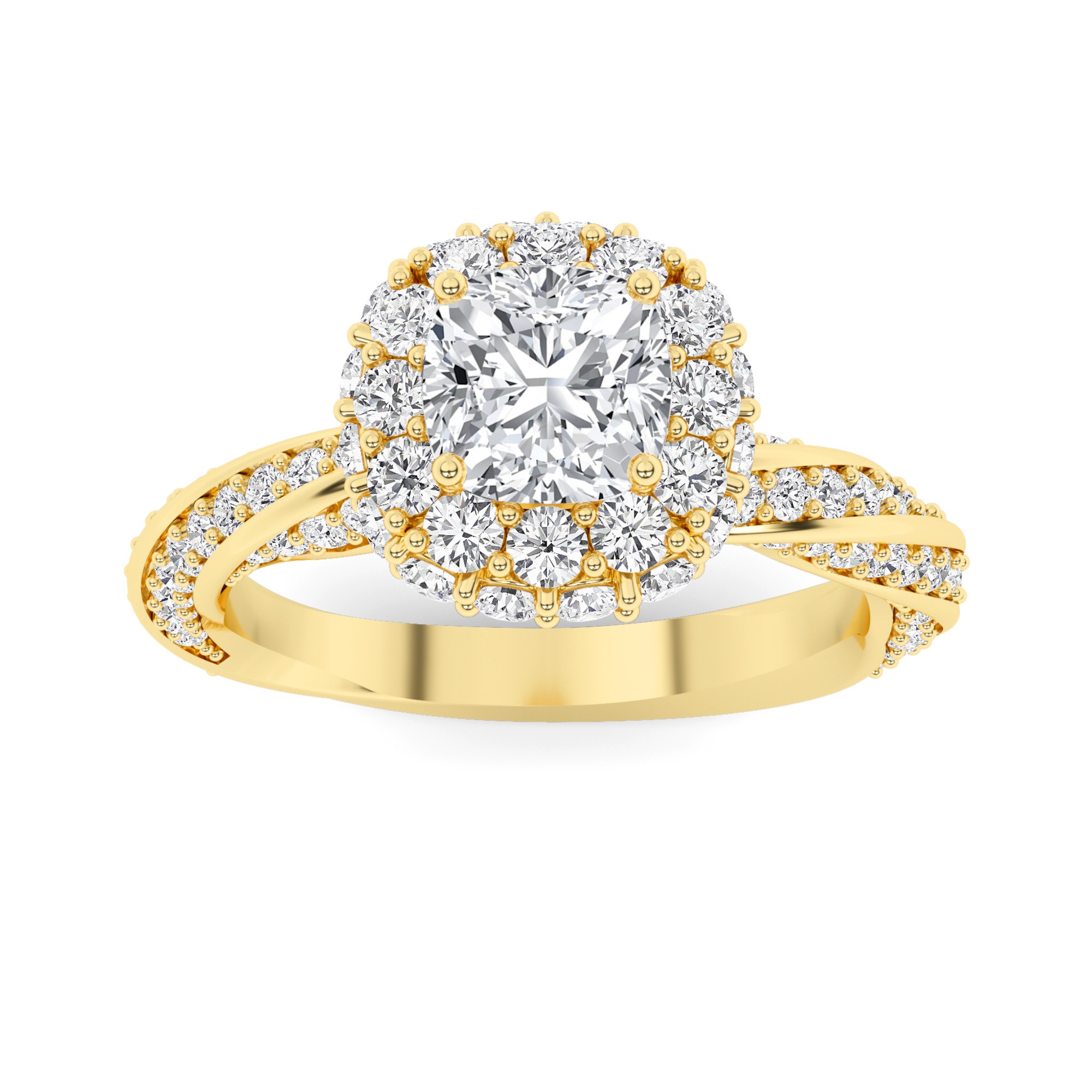 Modern Curve Round  Halo Diamond Engagment Ring in 9K Yellow Gold
