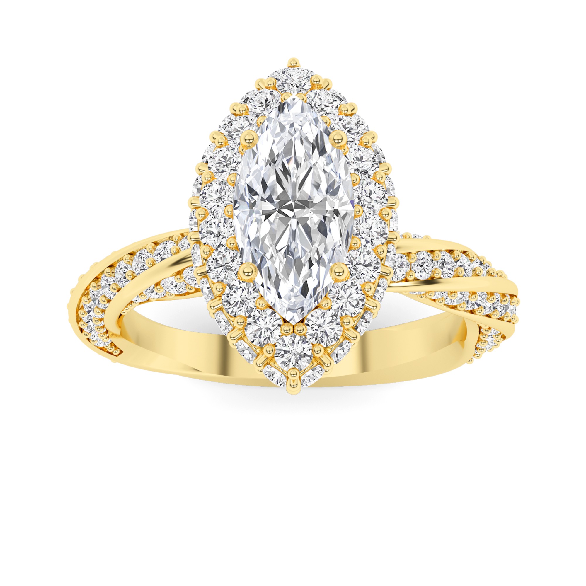 Modern Curve Round  Halo Diamond Engagment Ring in 9K Yellow Gold