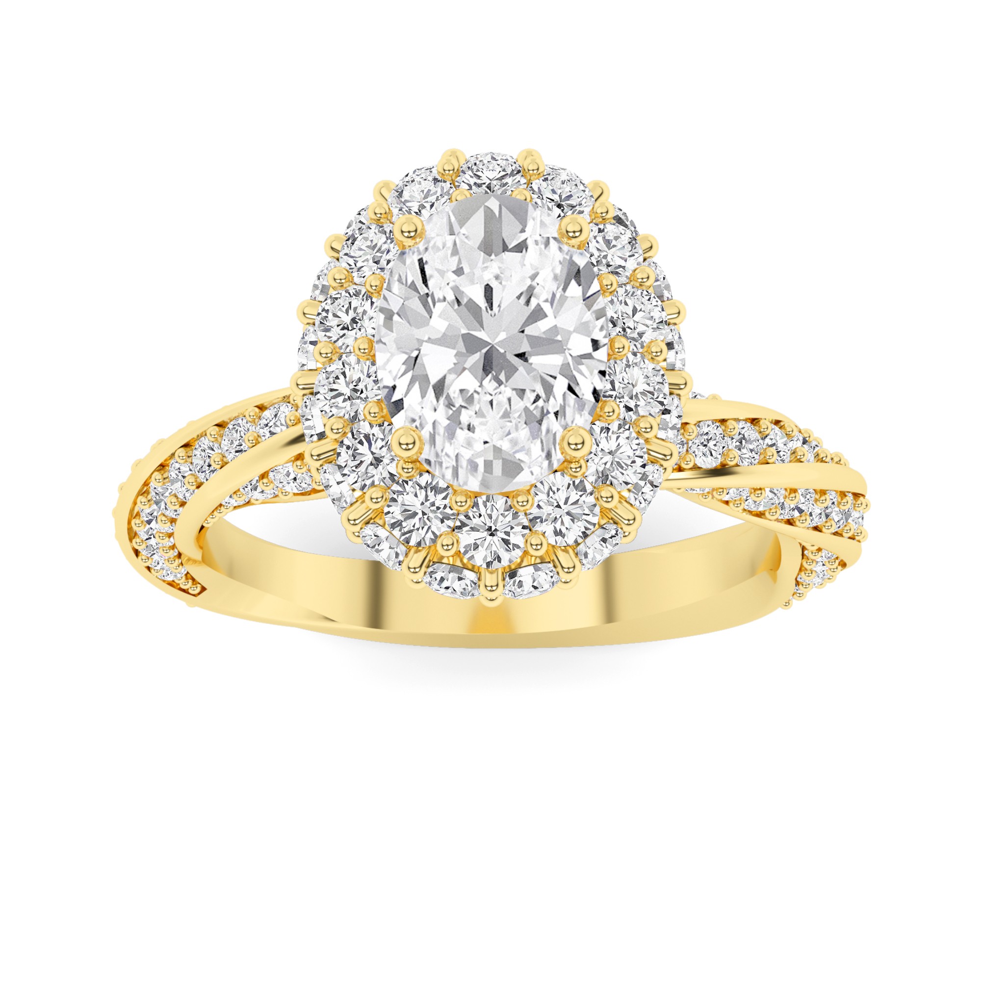 Modern Curve Round  Halo Diamond Engagment Ring in 9K Yellow Gold