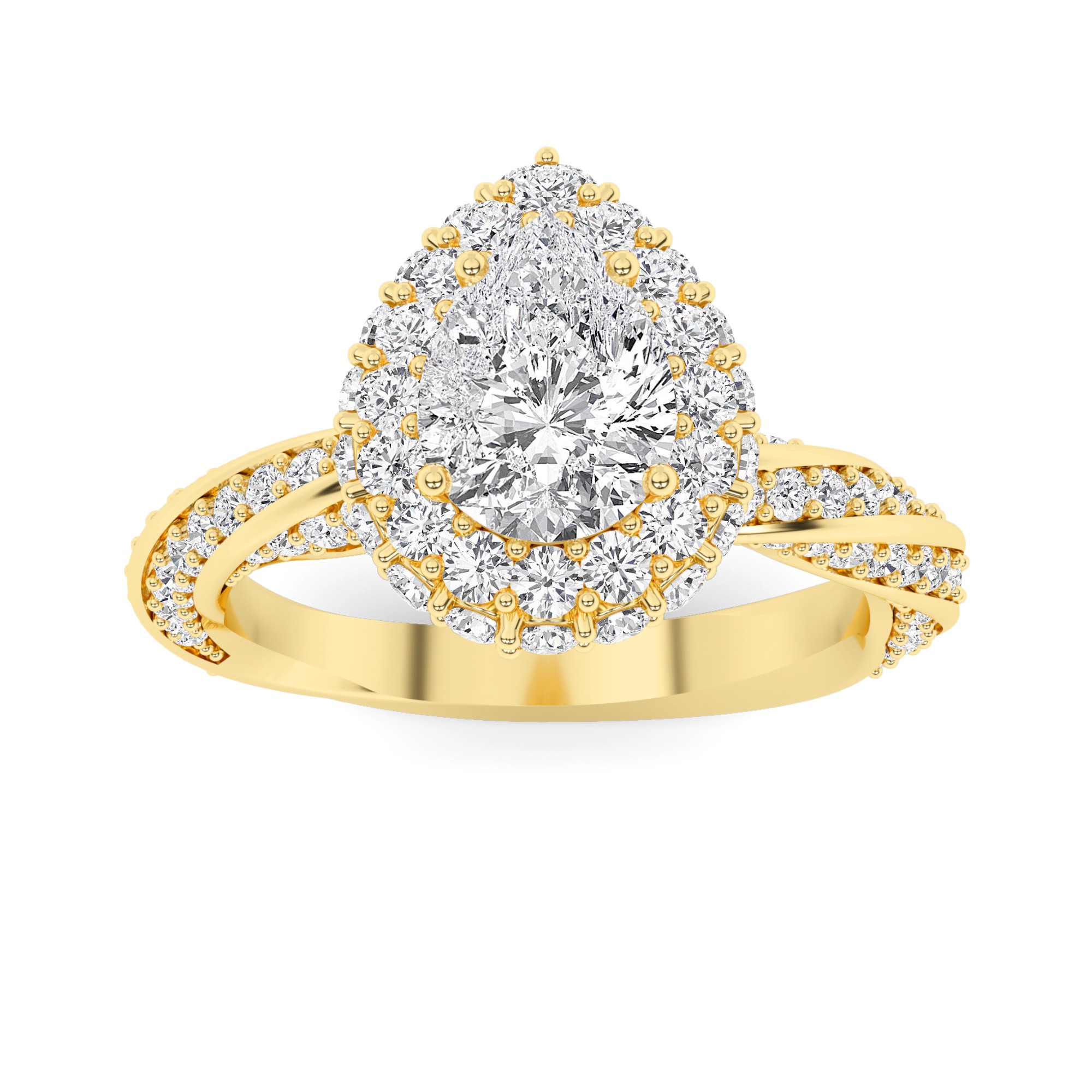 Modern Curve Round  Halo Diamond Engagment Ring in 9K Yellow Gold