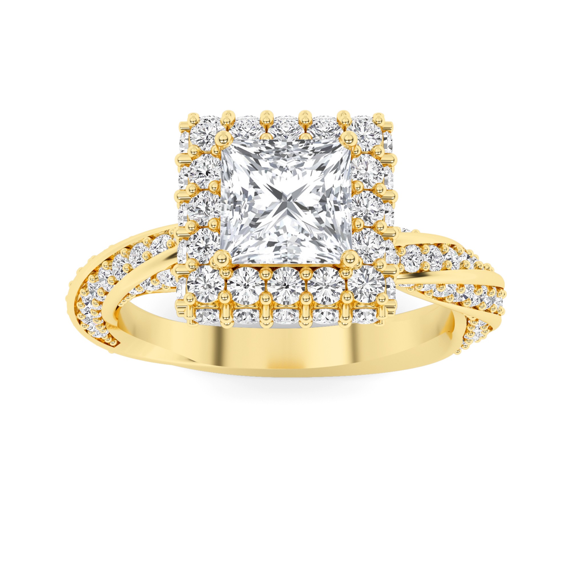 Modern Curve Round  Halo Diamond Engagment Ring in 9K Yellow Gold