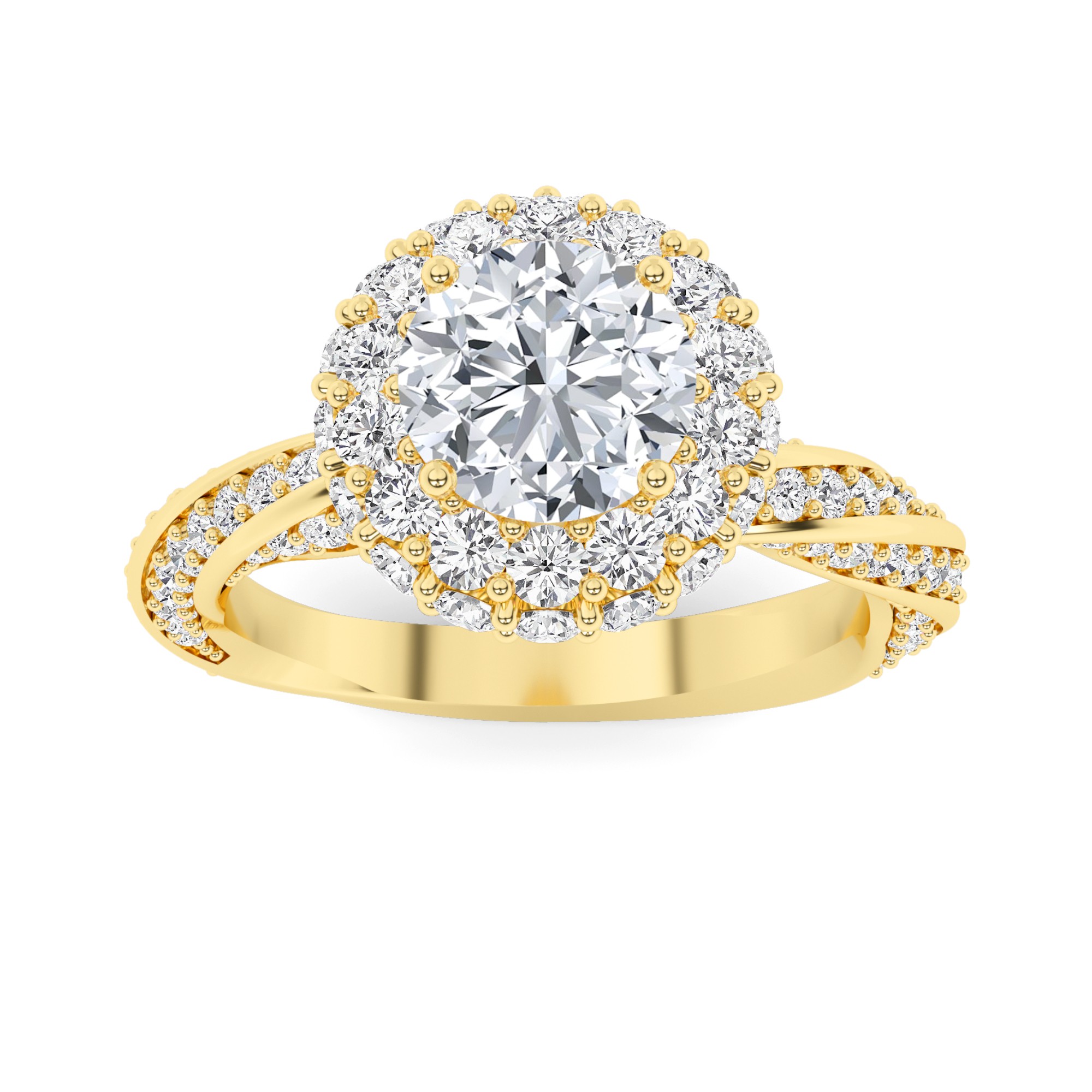 Modern Curve Round  Halo Diamond Engagment Ring in 9K Yellow Gold