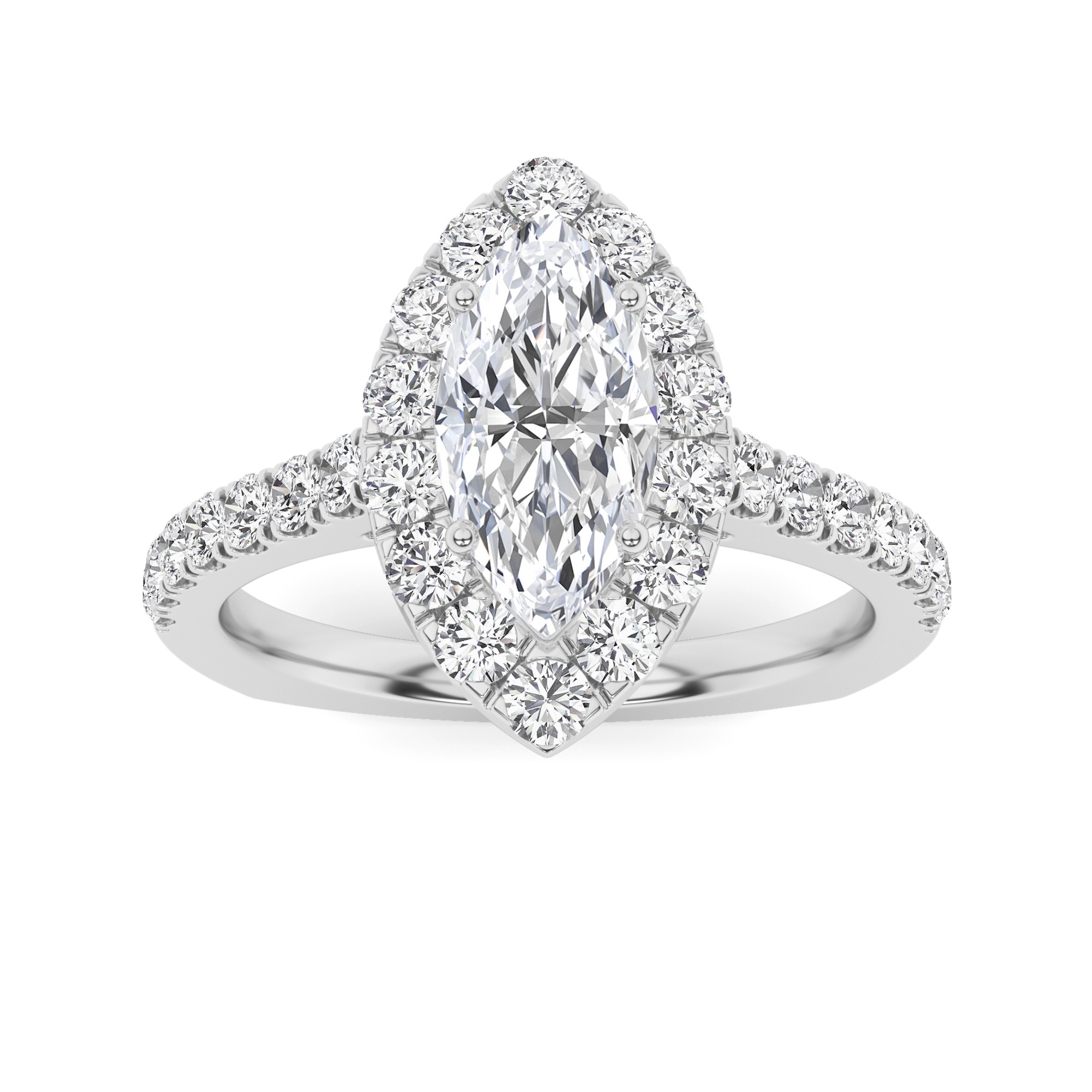Tapered Shoulder Ideal Halo Round Diamond Engagment Ring in 9K White Gold