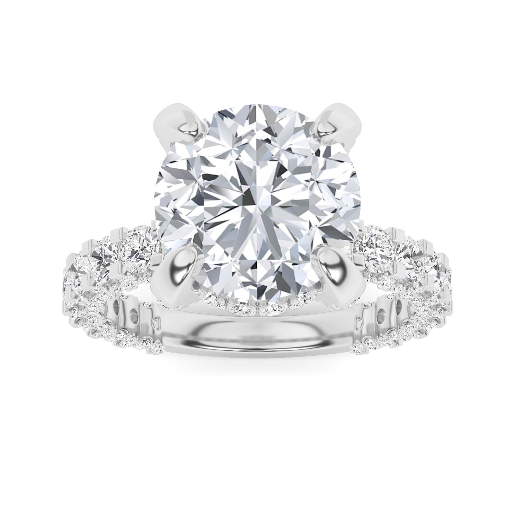 Chunky Halo Thick Prong Round Side Stone Diamond Engagment Ring in 9K White Gold