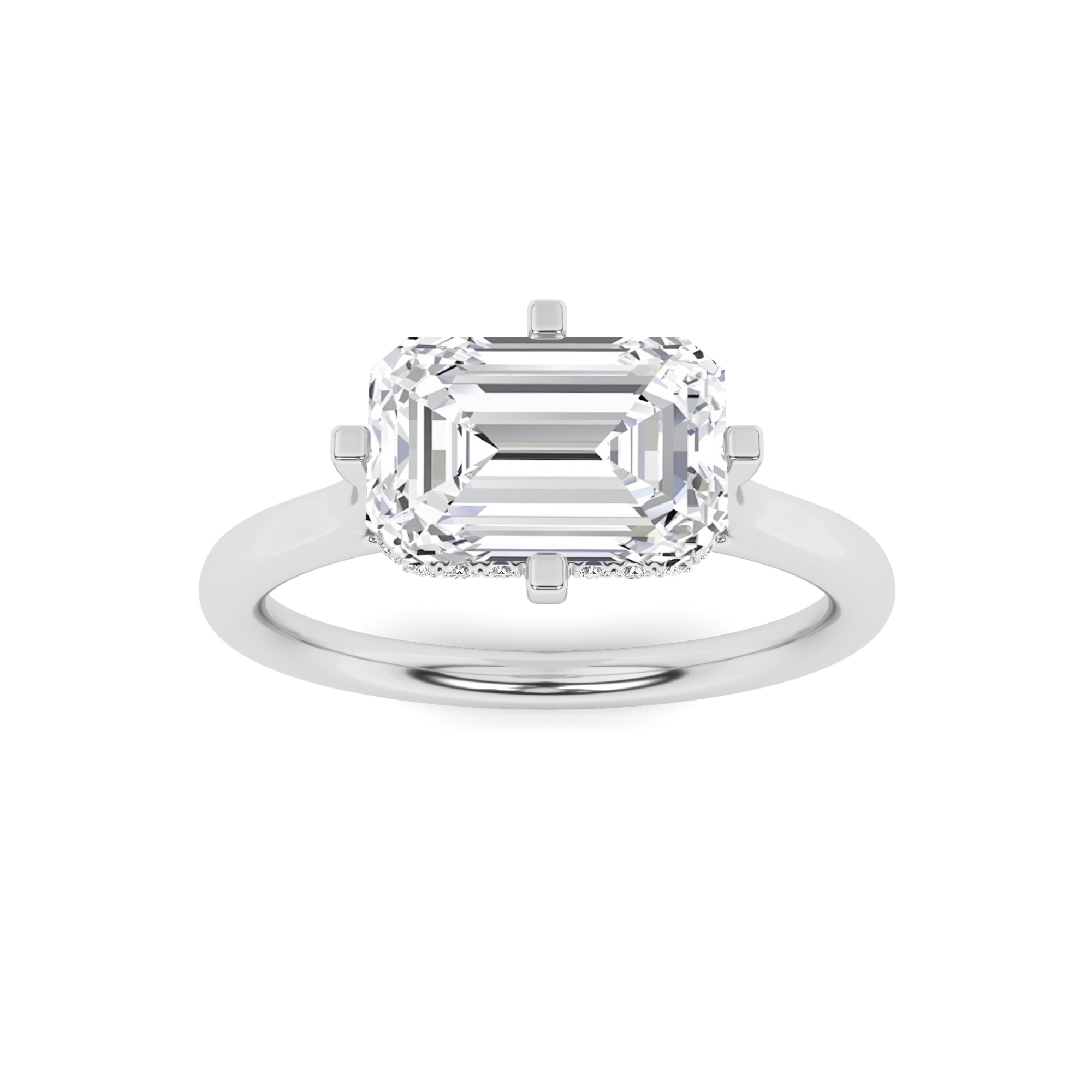Horizontal Setting 4 Prong Emerald Cut Halo Diamond Engagment Ring in 9K White Gold