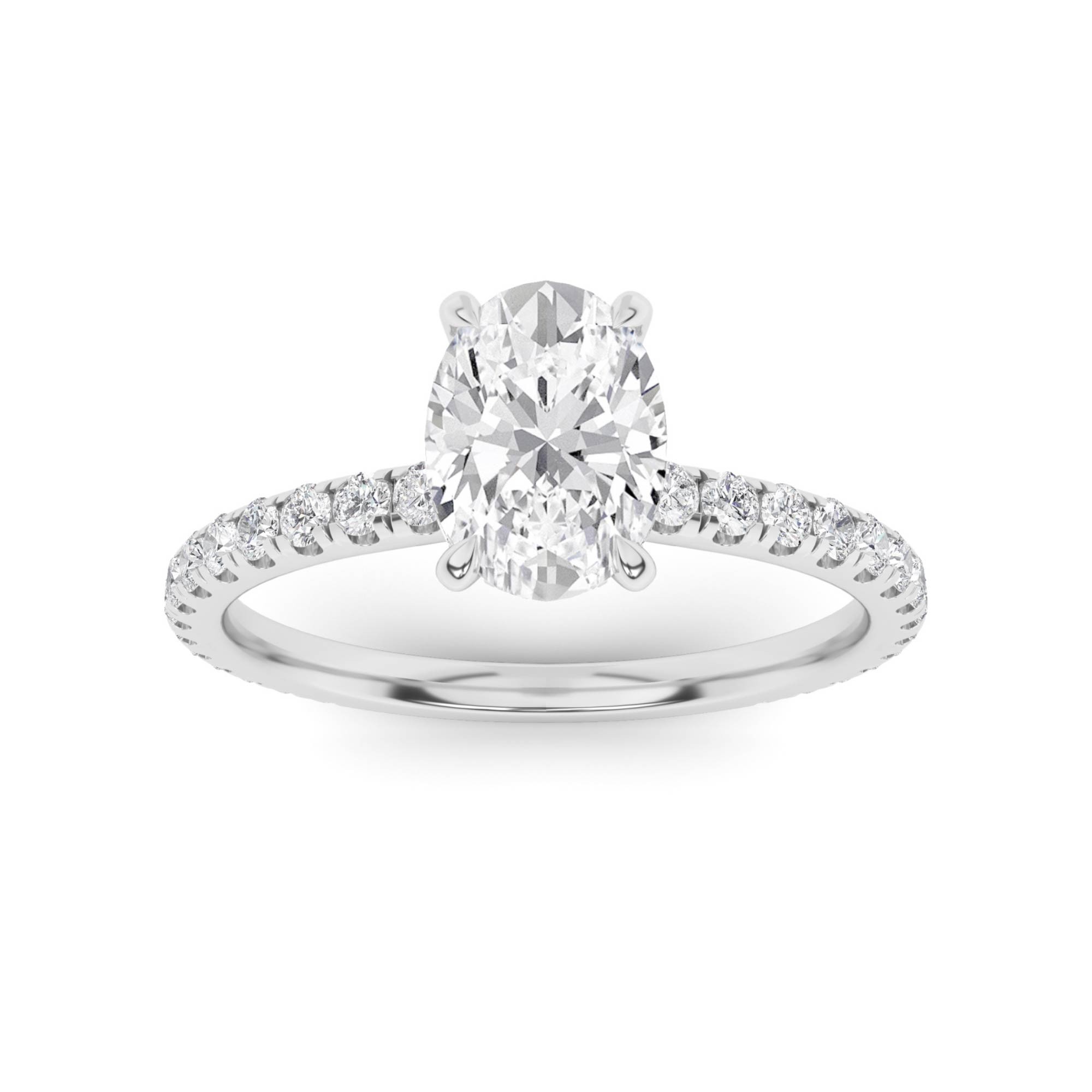 Hidden Halo Elegant Prong Set Oval Side Stone Diamond Engagment Ring in 9K White Gold