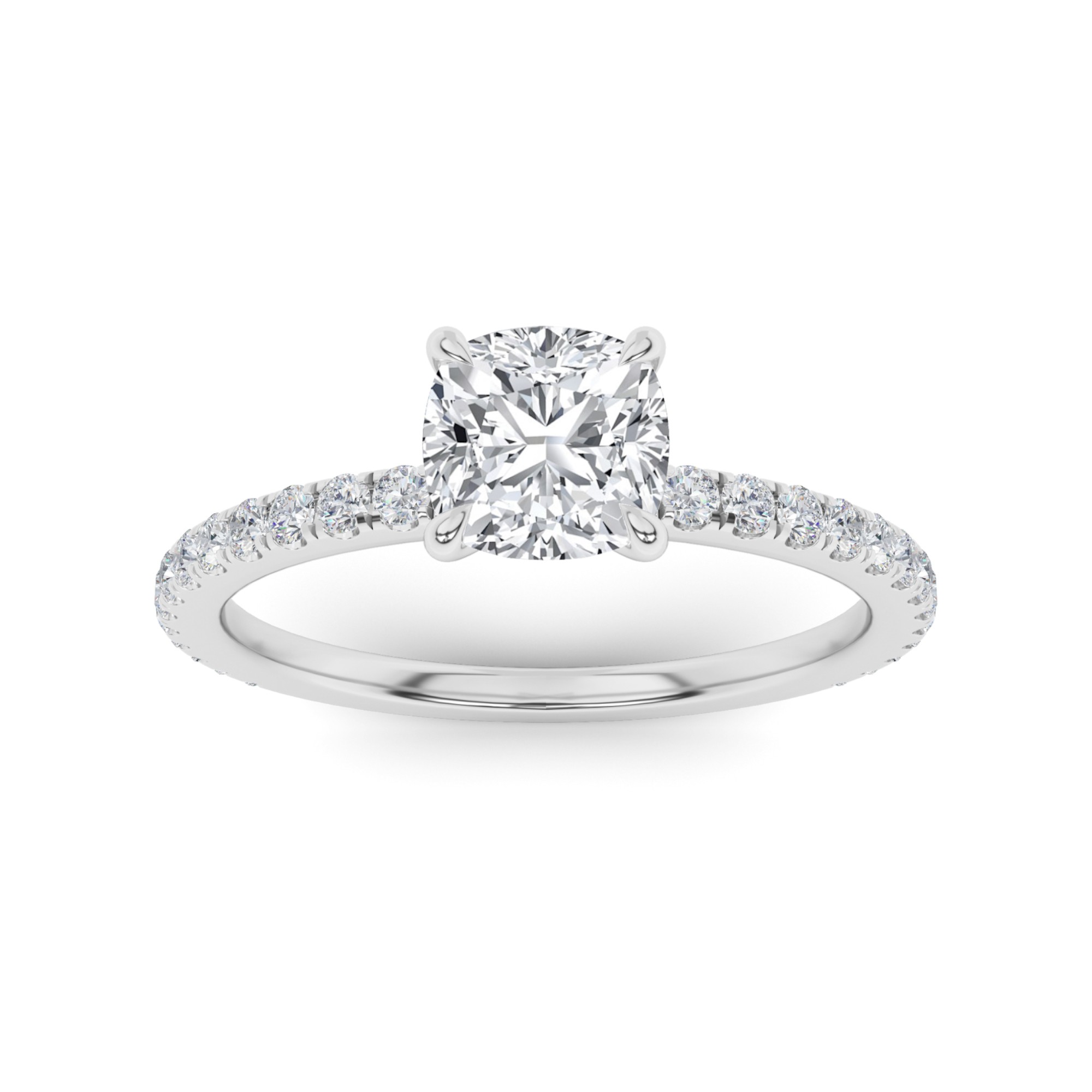 Classic V Prong Cushion Shoulder Set Side Stone Diamond Engagment Ring in 9K White Gold