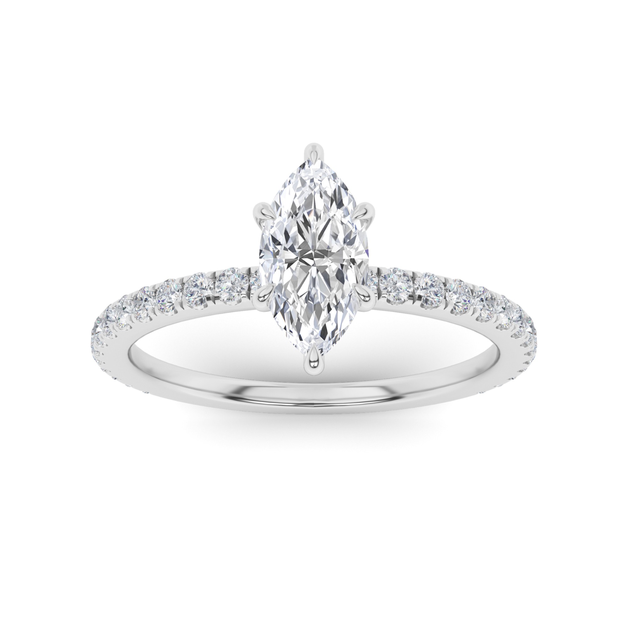 Classic V Prong Marquise Shoulder Set Side Stone Diamond Engagment Ring in 9K White Gold