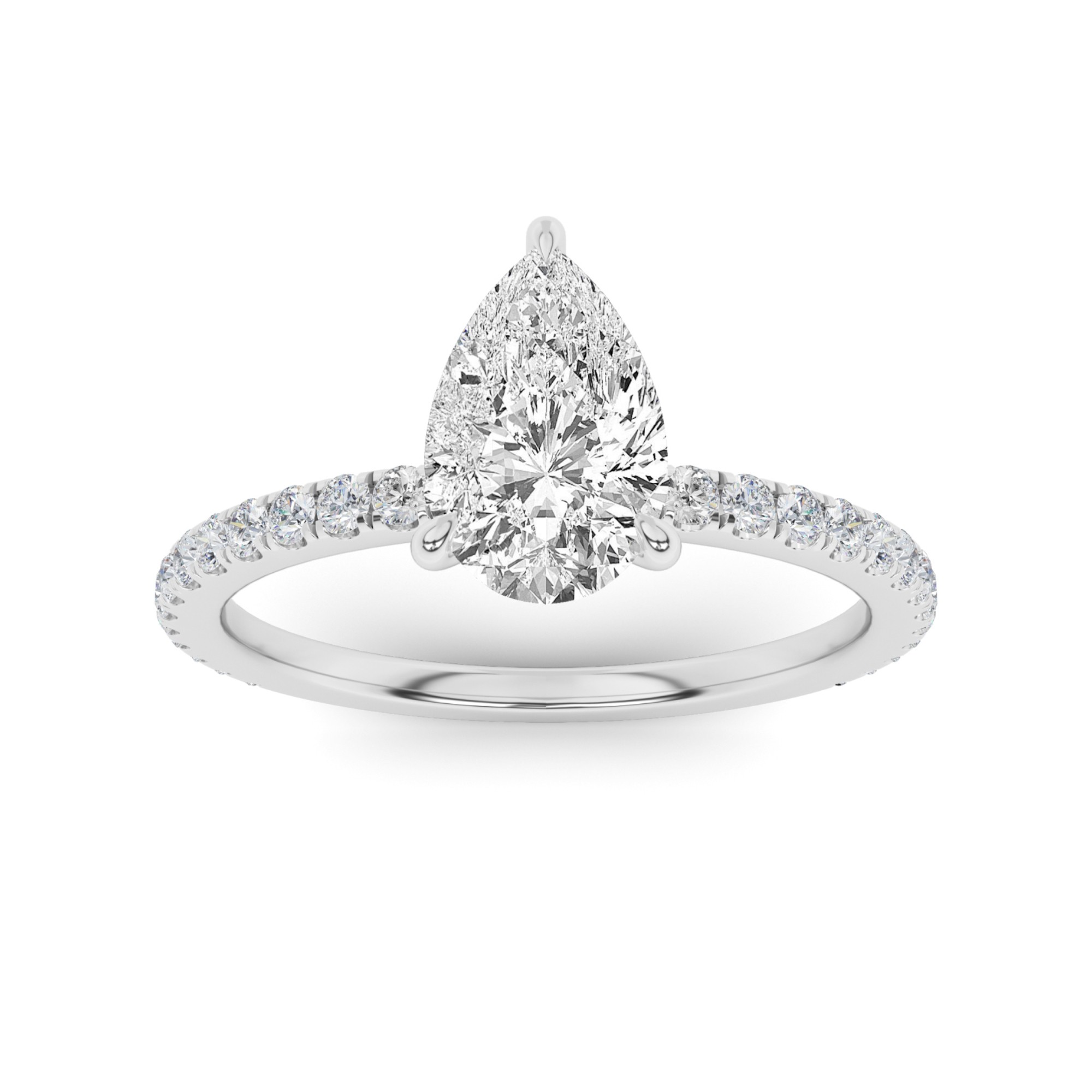 Classic V Prong Pear Shoulder Set Side Stone Diamond Engagment Ring in 9K White Gold