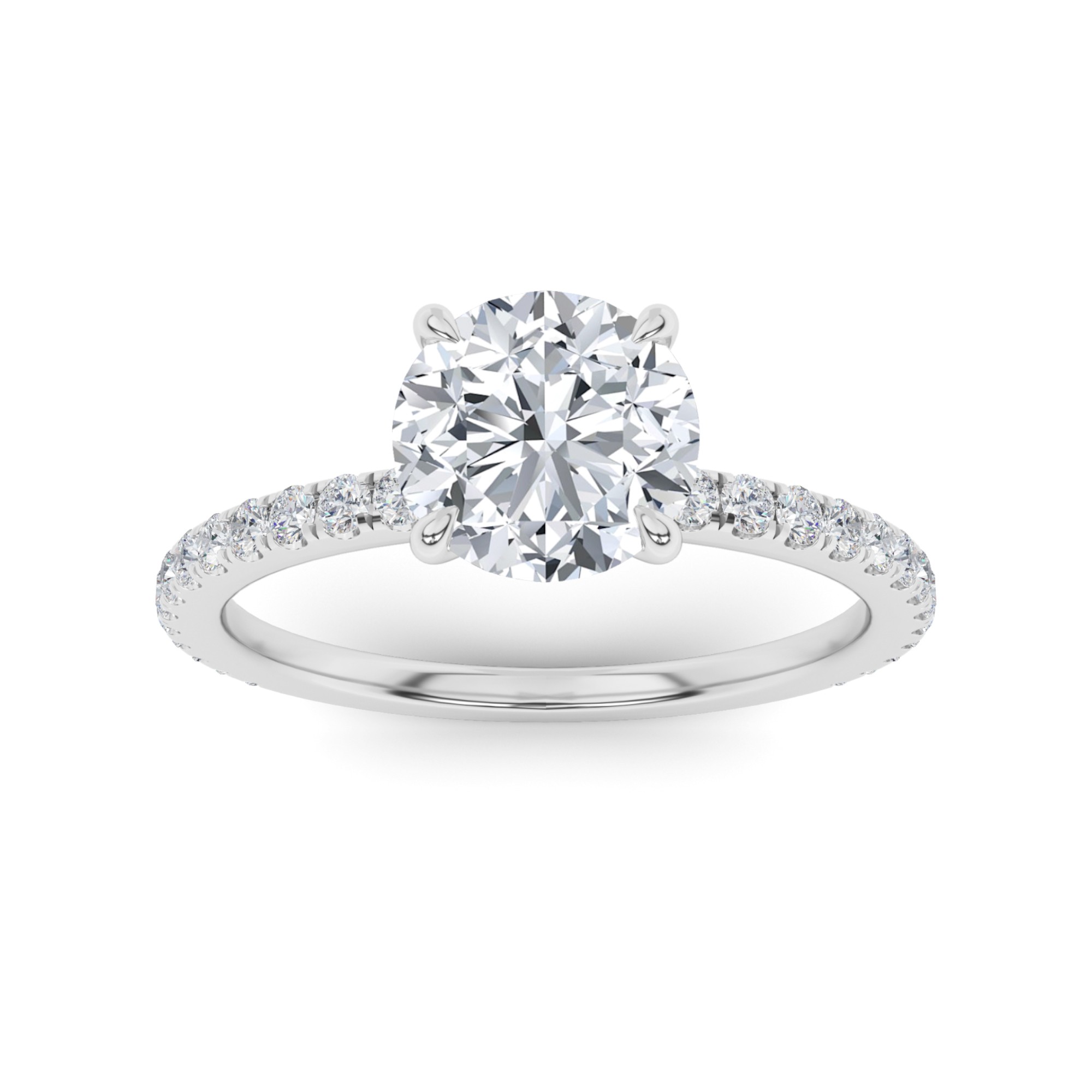 Classic V Prong Round Shoulder Set Side Stone Diamond Engagment Ring in 9K White Gold