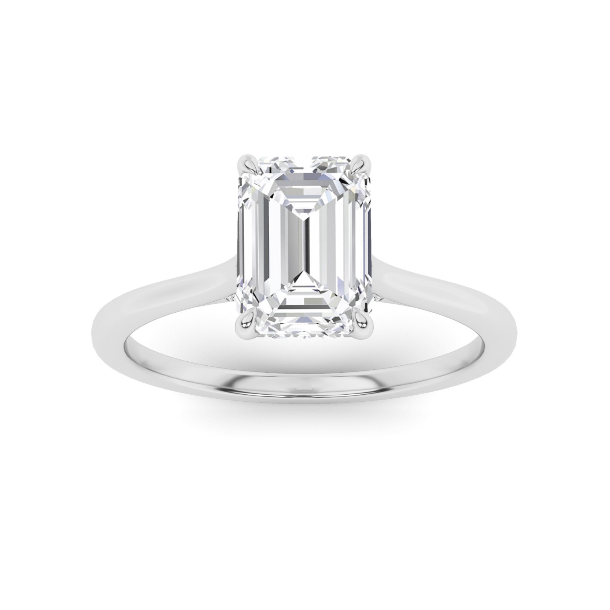 True Love Hidden Halo Prong Set Emerald Solitaire Diamond Engagement Ring in 9K White Gold