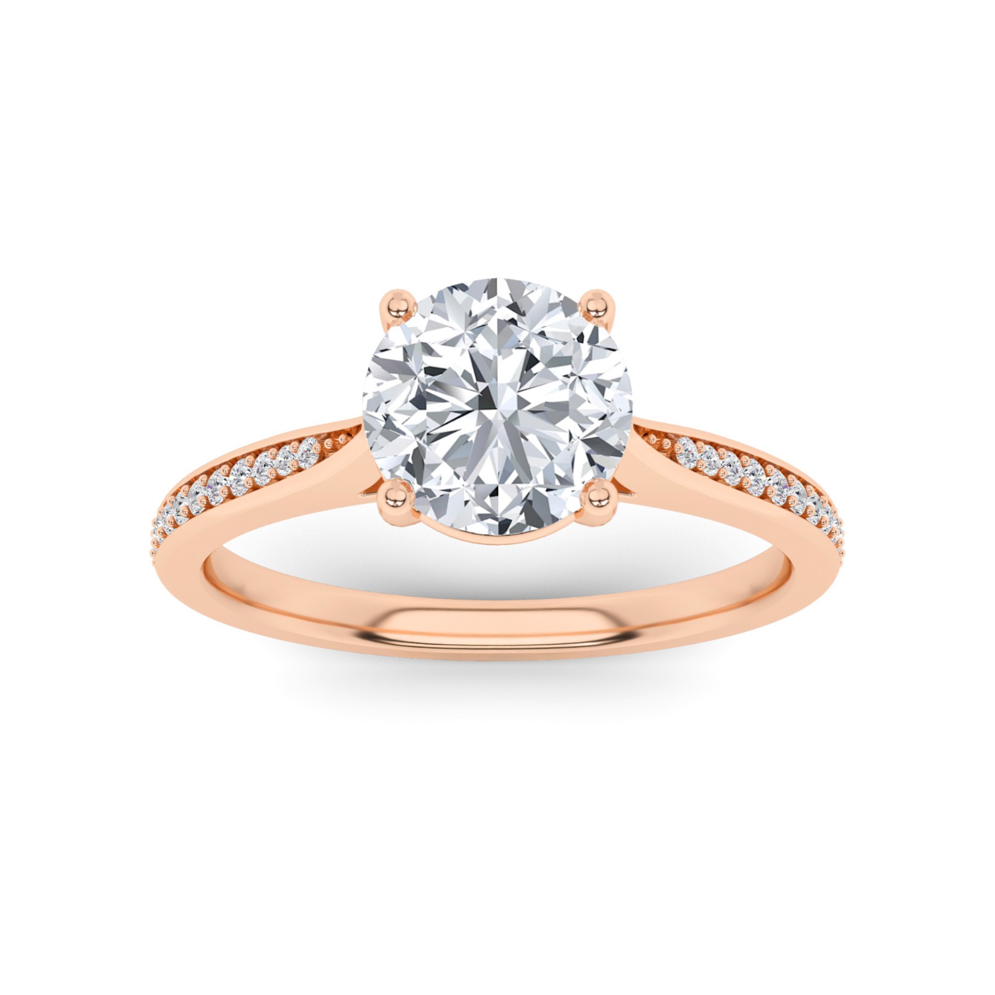 Everlasting Tappered Shoulder 4 Prong With Pave Set Round Side Stone Diamond Engagement Ring in 9K Yellow Gold