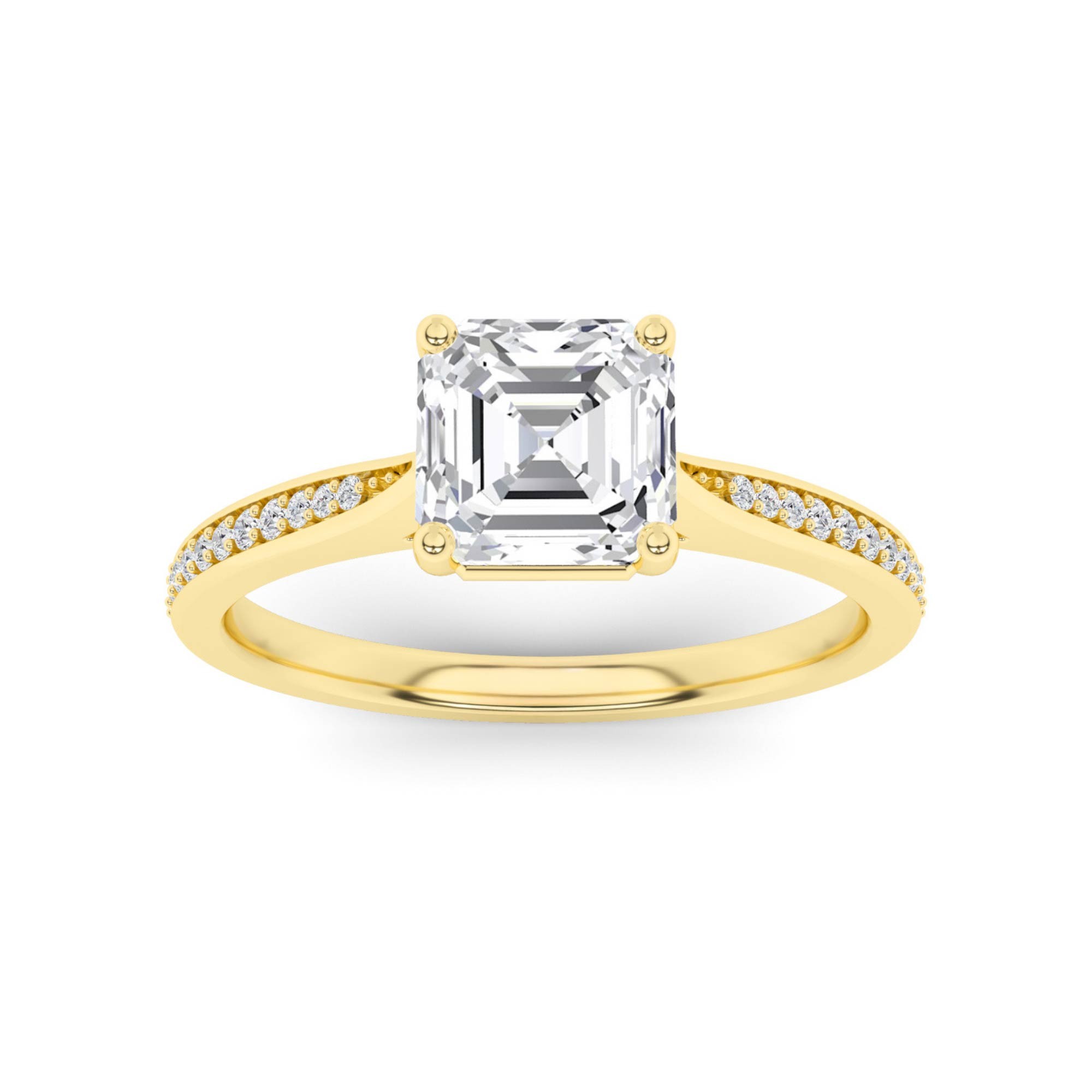 Everlasting Tappered Shoulder 4 Prong With Pave Set Round Side Stone Diamond Engagement Ring in 9K Yellow Gold