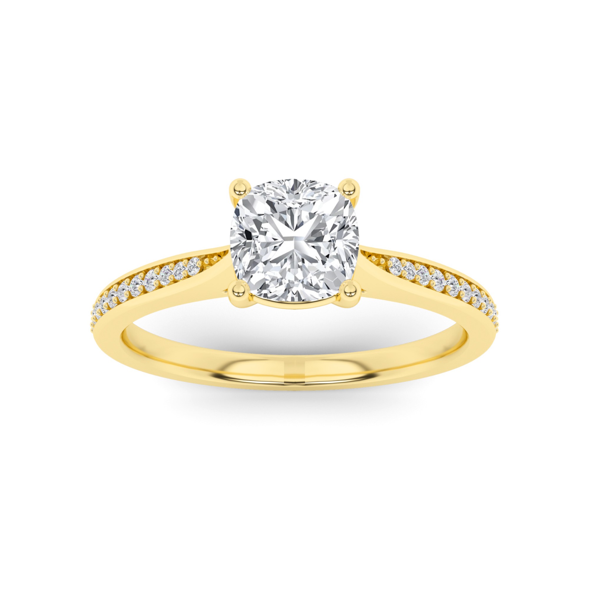 Everlasting Tappered Shoulder 4 Prong With Pave Set Round Side Stone Diamond Engagement Ring in 9K Yellow Gold