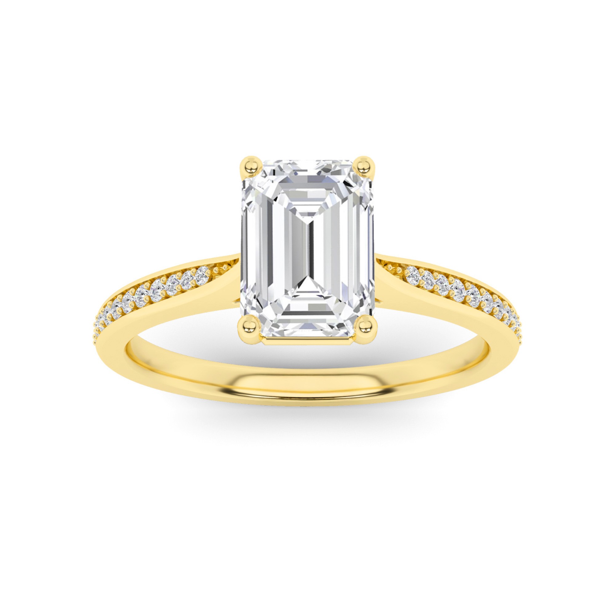 Everlasting Tappered Shoulder 4 Prong With Pave Set Round Side Stone Diamond Engagement Ring in 9K Yellow Gold
