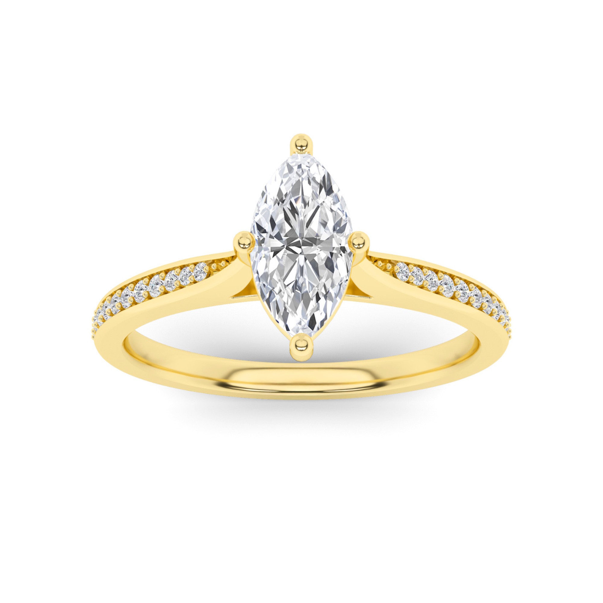Everlasting Tappered Shoulder 4 Prong With Pave Set Round Side Stone Diamond Engagement Ring in 9K Yellow Gold