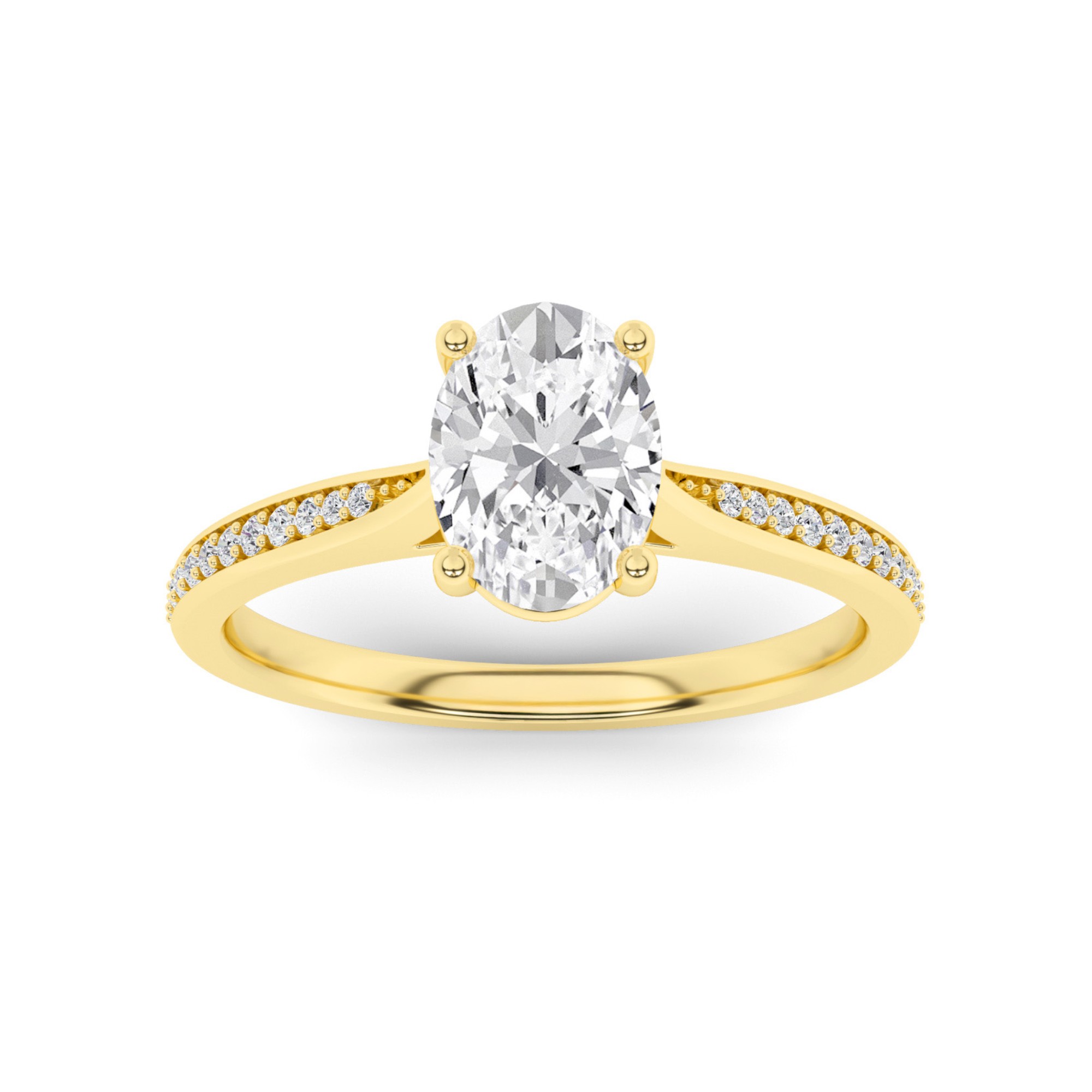 Everlasting Tappered Shoulder 4 Prong With Pave Set Round Side Stone Diamond Engagement Ring in 9K Yellow Gold
