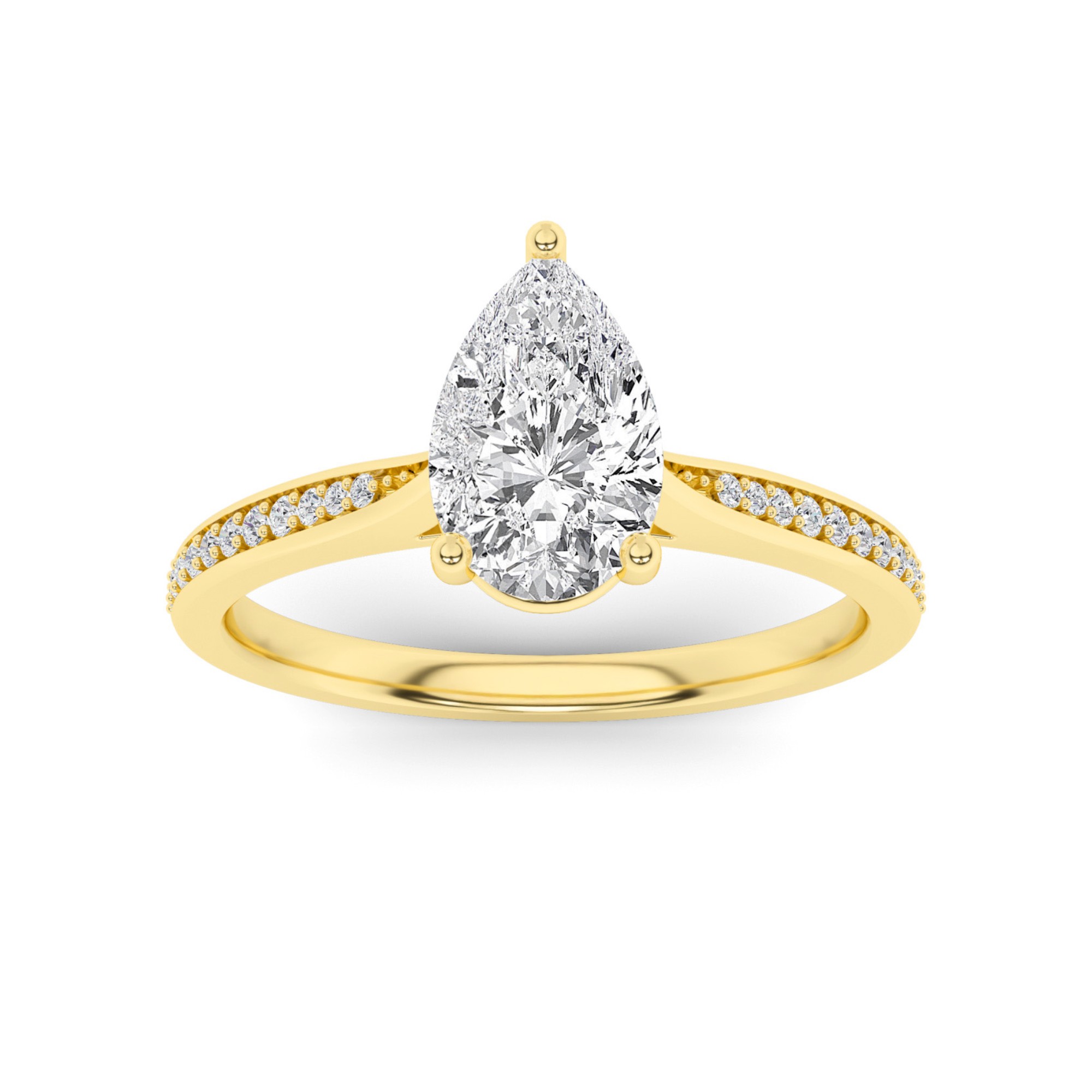 Everlasting Tappered Shoulder 4 Prong With Pave Set Round Side Stone Diamond Engagement Ring in 9K Yellow Gold