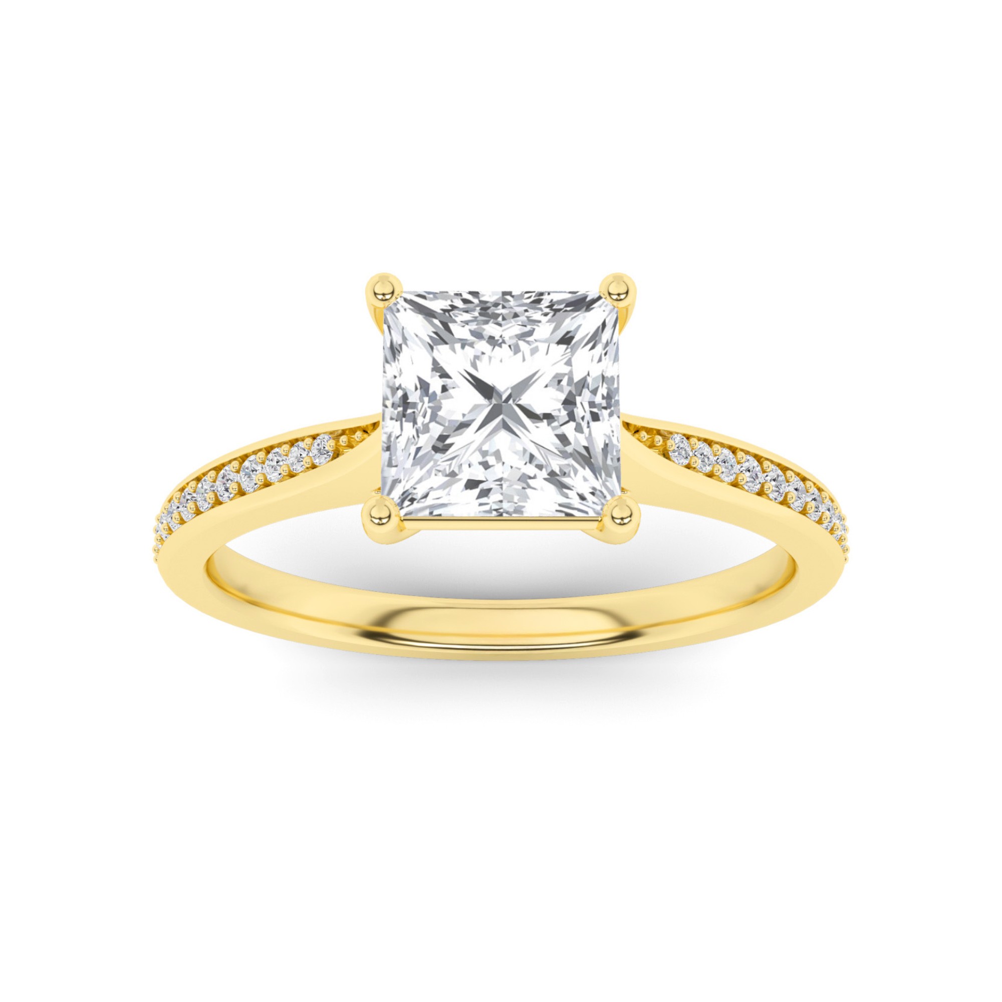 Everlasting Tappered Shoulder 4 Prong With Pave Set Round Side Stone Diamond Engagement Ring in 9K Yellow Gold
