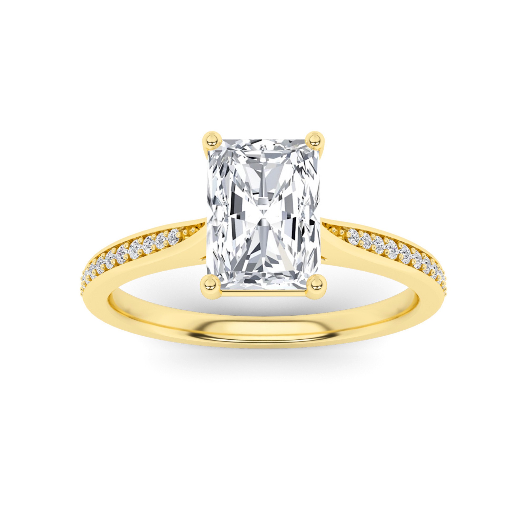 Everlasting Tappered Shoulder Prong Set With Pave Set Radiant Side Stone Diamond Engagement Ring in 9K Yellow Gold