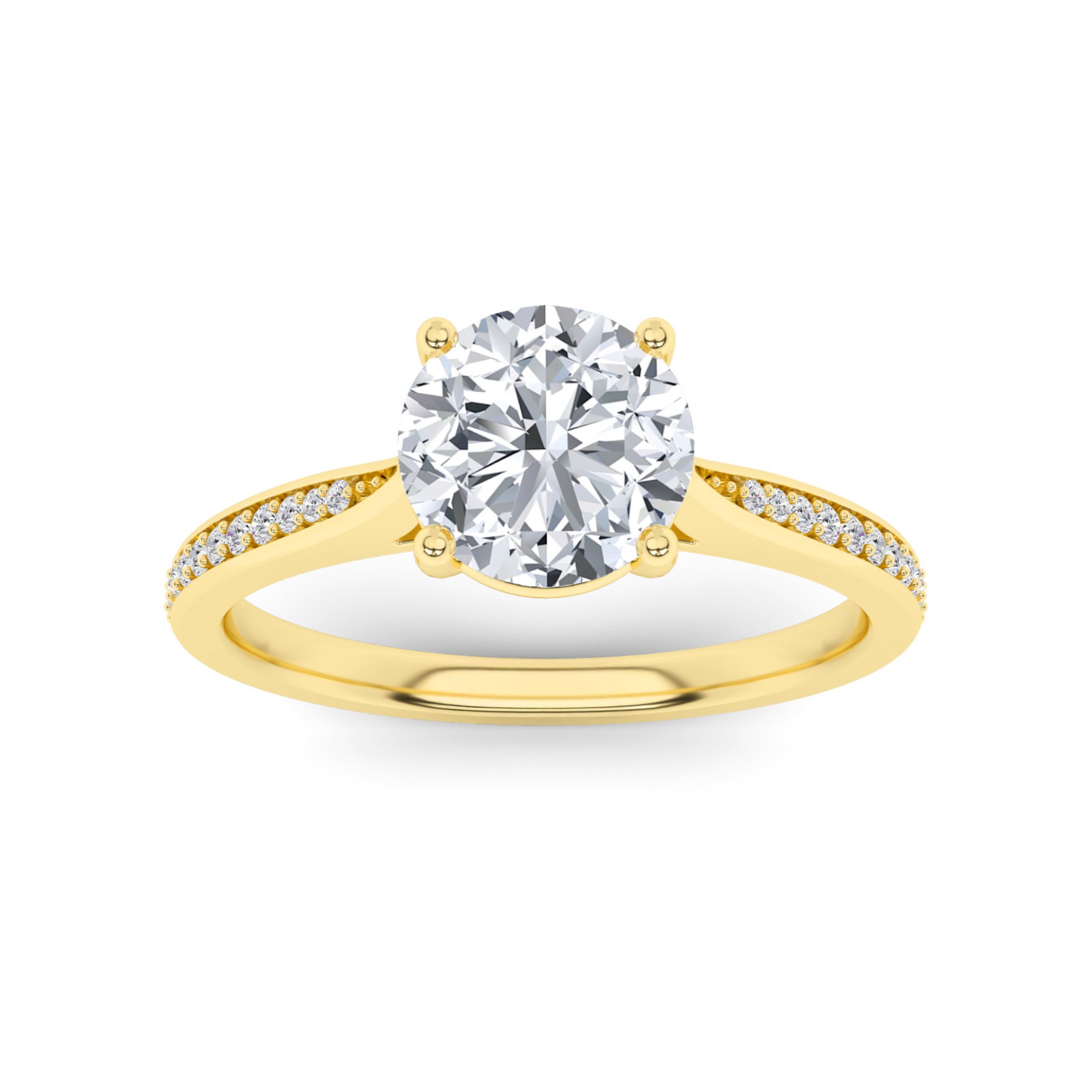 Everlasting Tappered Shoulder 4 Prong With Pave Set Round Side Stone Diamond Engagement Ring in 9K Yellow Gold
