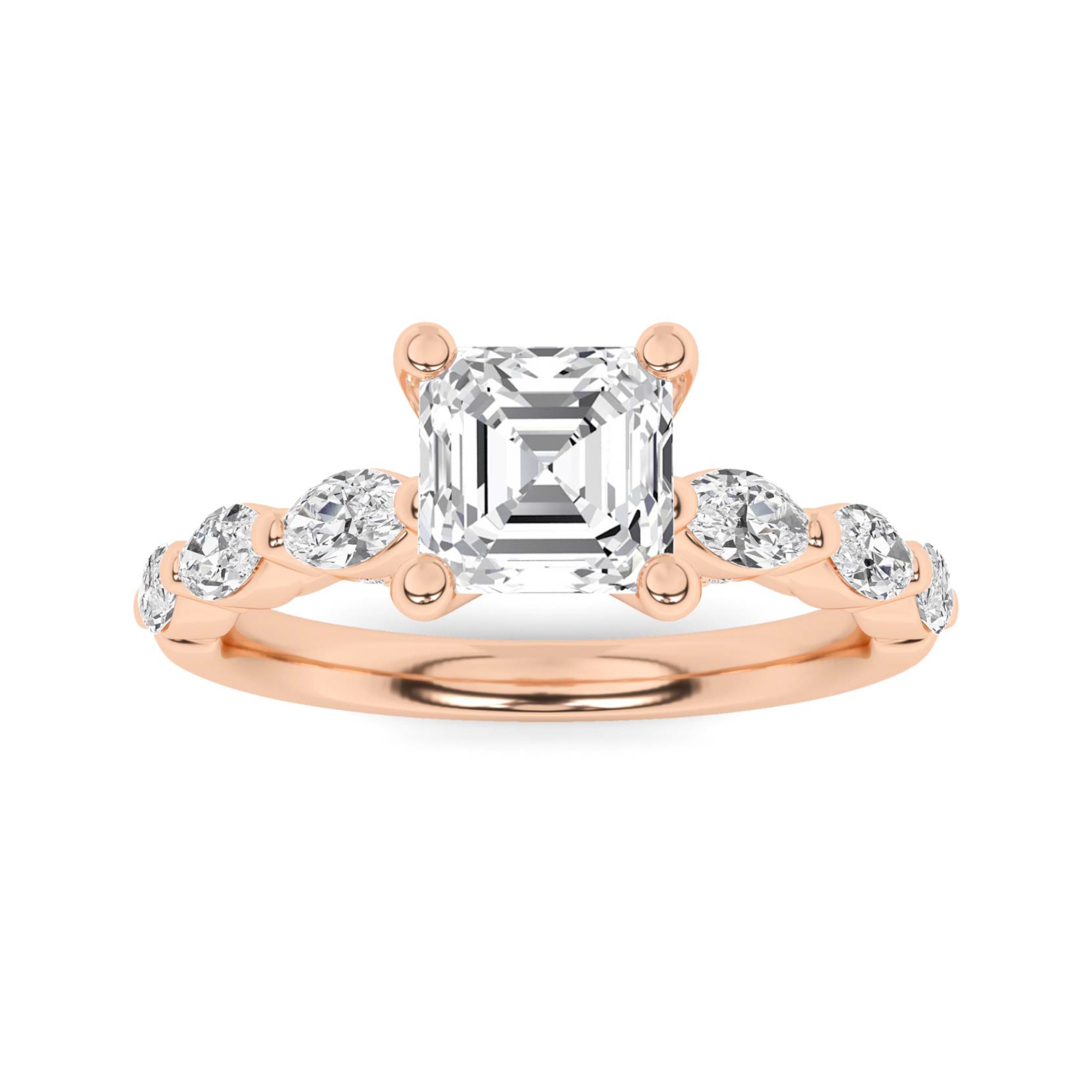 Signature Prong Set Round And Marquise Cut Side Stone Diamond Engagment Ring in 9K Rose Gold