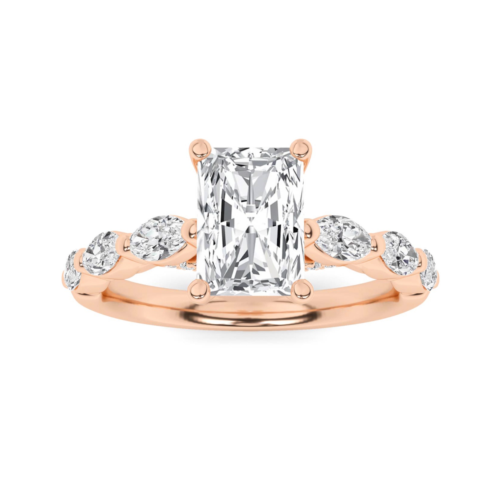 Signature Prong Set Radiant And Radiant Cut Side Stone Diamond Engagment Ring in 9K Rose Gold
