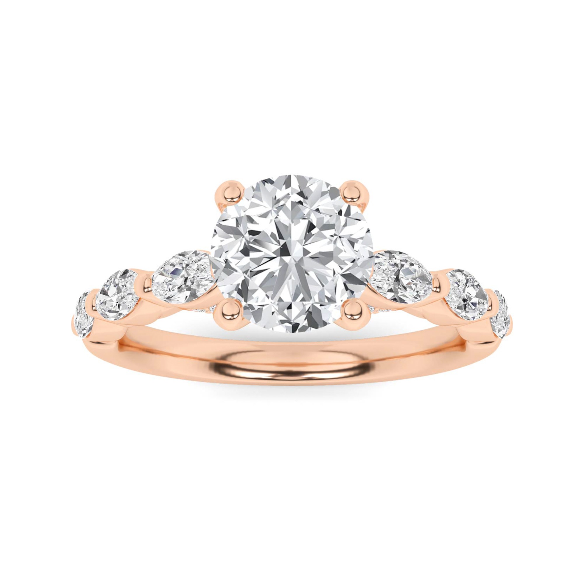 Signature Prong Set Round And Marquise Cut Side Stone Diamond Engagment Ring in 9K Rose Gold