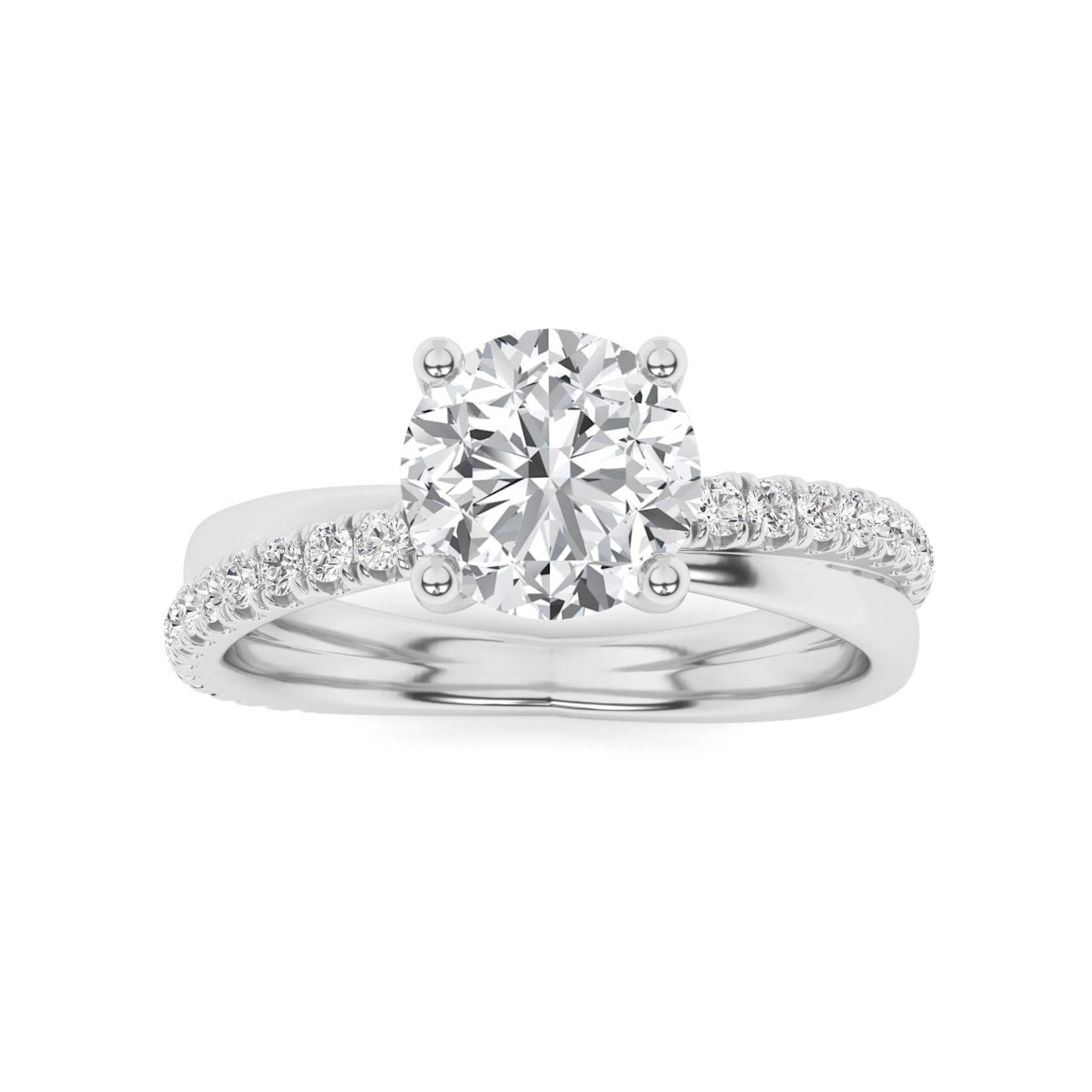 Unique Blend Prong Set Round Side Stone Diamond Engagement Ring in 9K White Gold