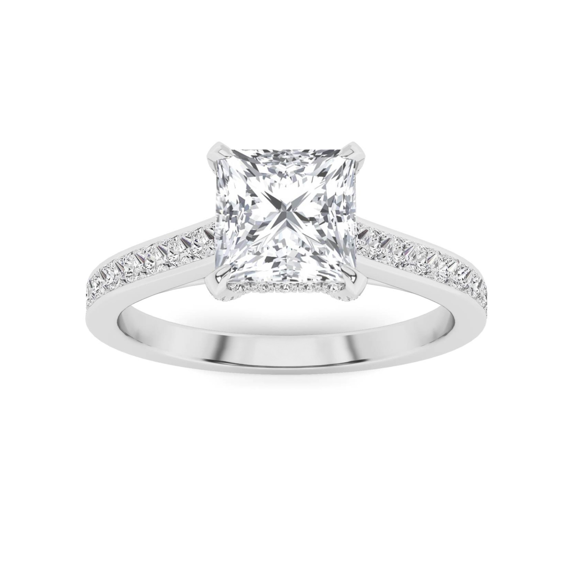 Enduring Halo Channel Set Round and Princess Side Stone Diamond Engagment Ring in 9K White Gold