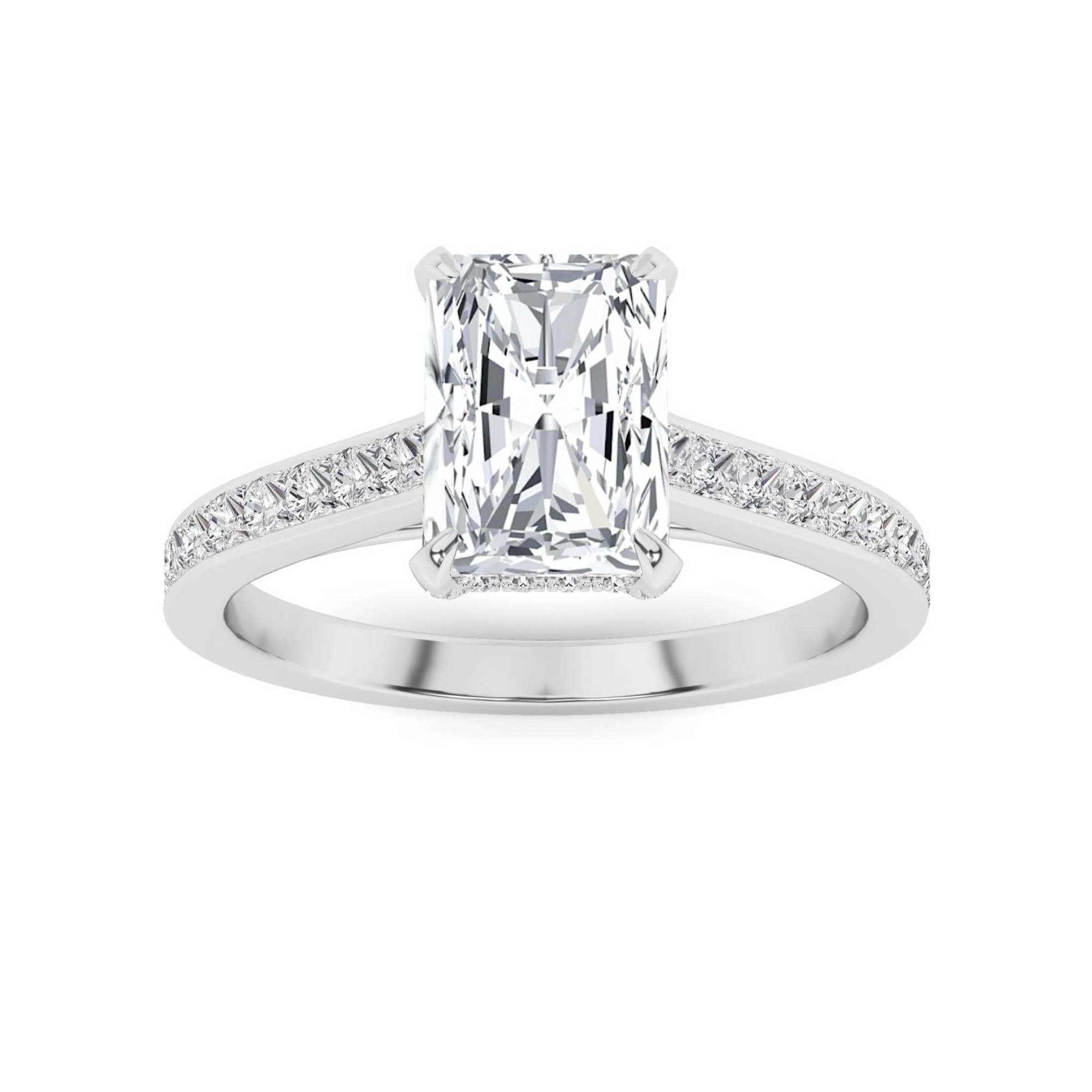 Enduring Halo Channel Set Radiant and Radiant Side Stone Diamond Engagment Ring in 9K White Gold