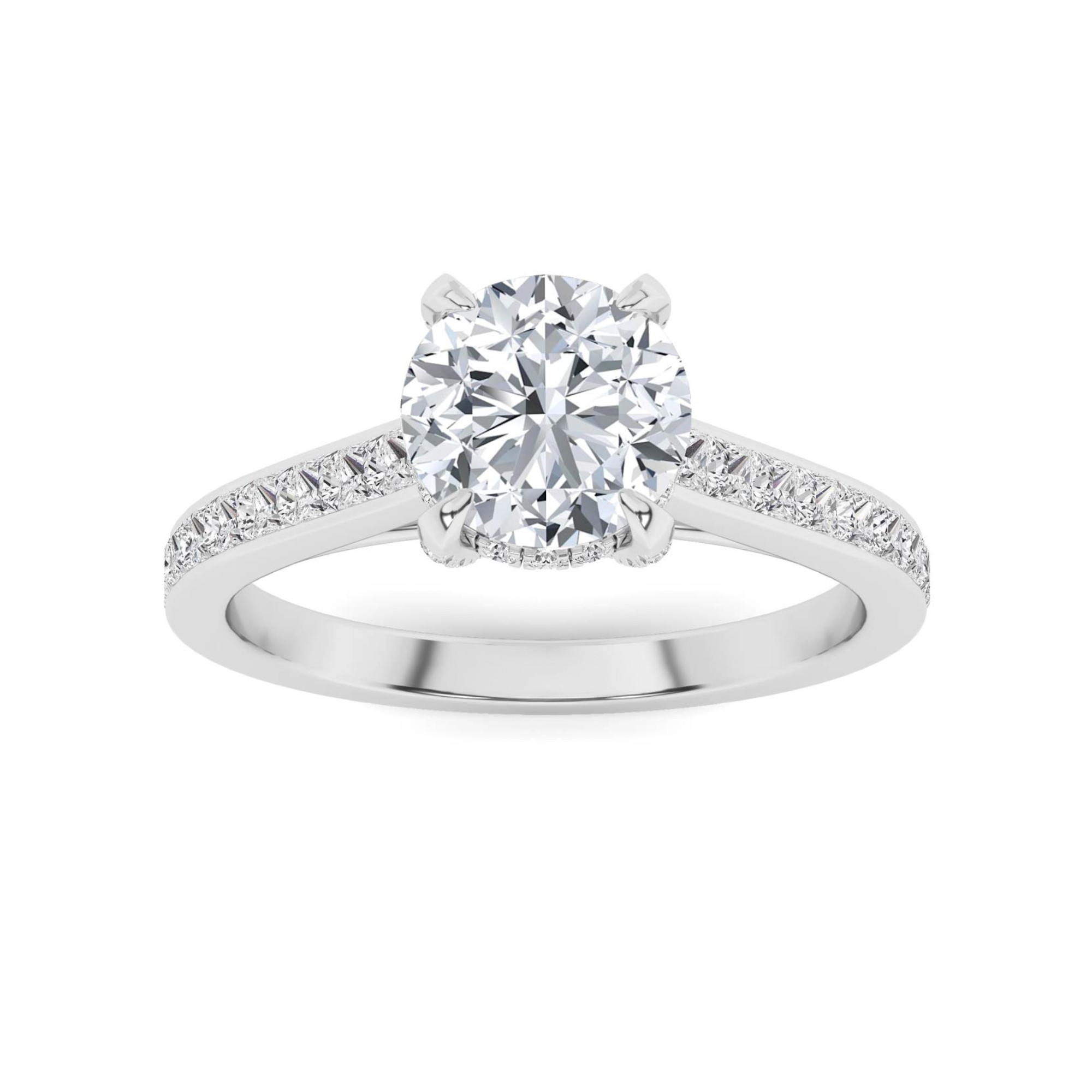 Enduring Halo Channel Set Round and Princess Side Stone Diamond Engagment Ring in 9K White Gold