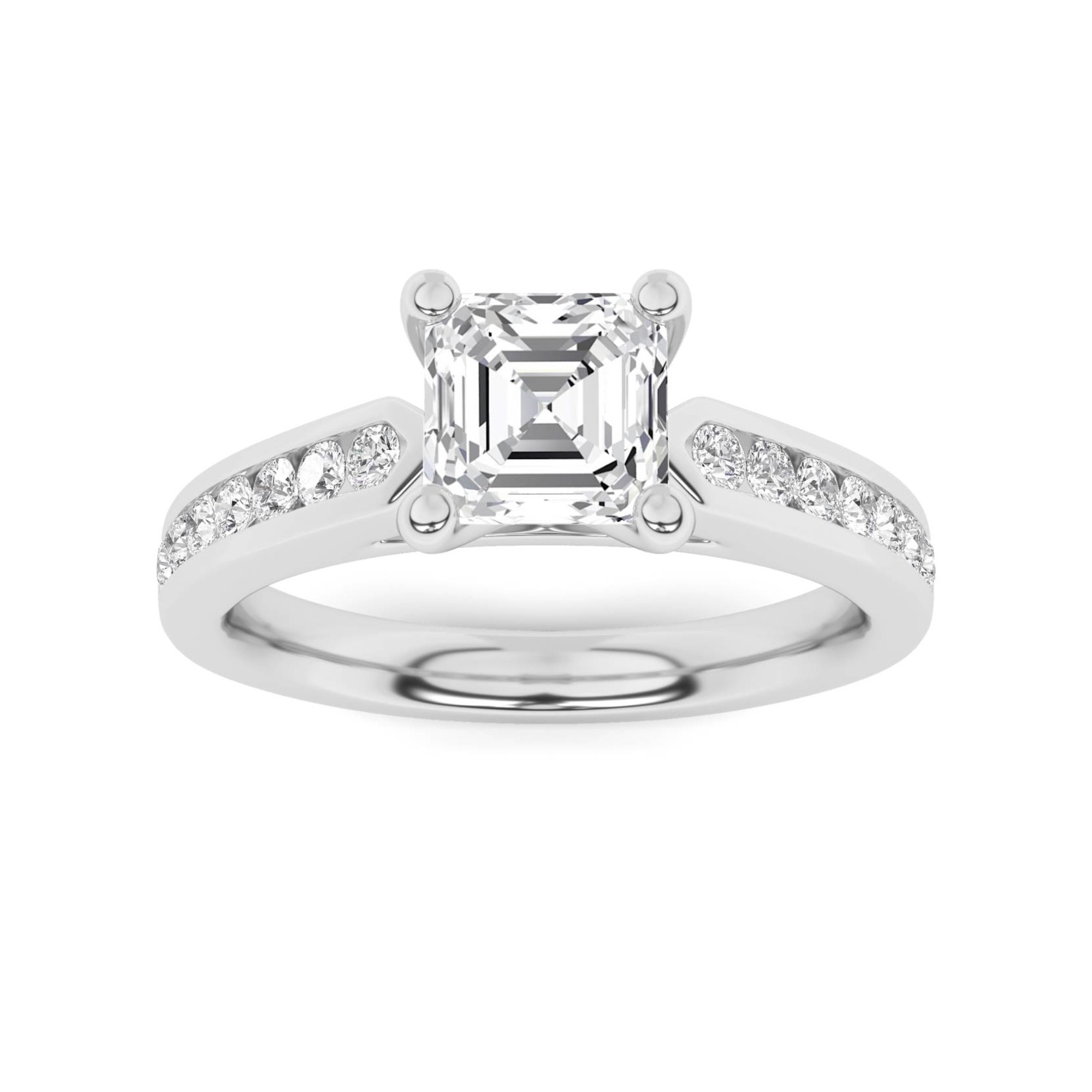 Open Cathedral  Channel Set Asscher Side Stone Diamond Engagement Ring in 9K White Gold