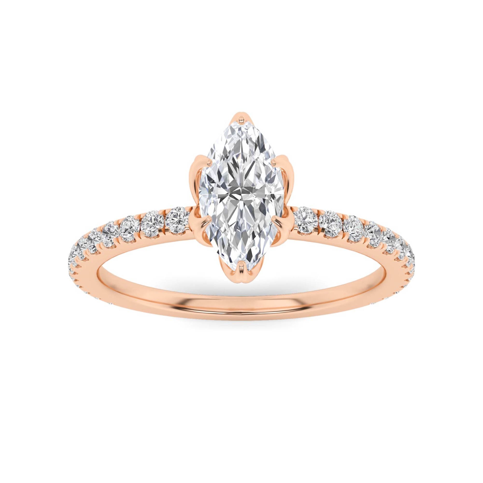 Enchanted 4 Prong Flower Round Side Stone Diamond Engagement Ring in 9K Rose Gold