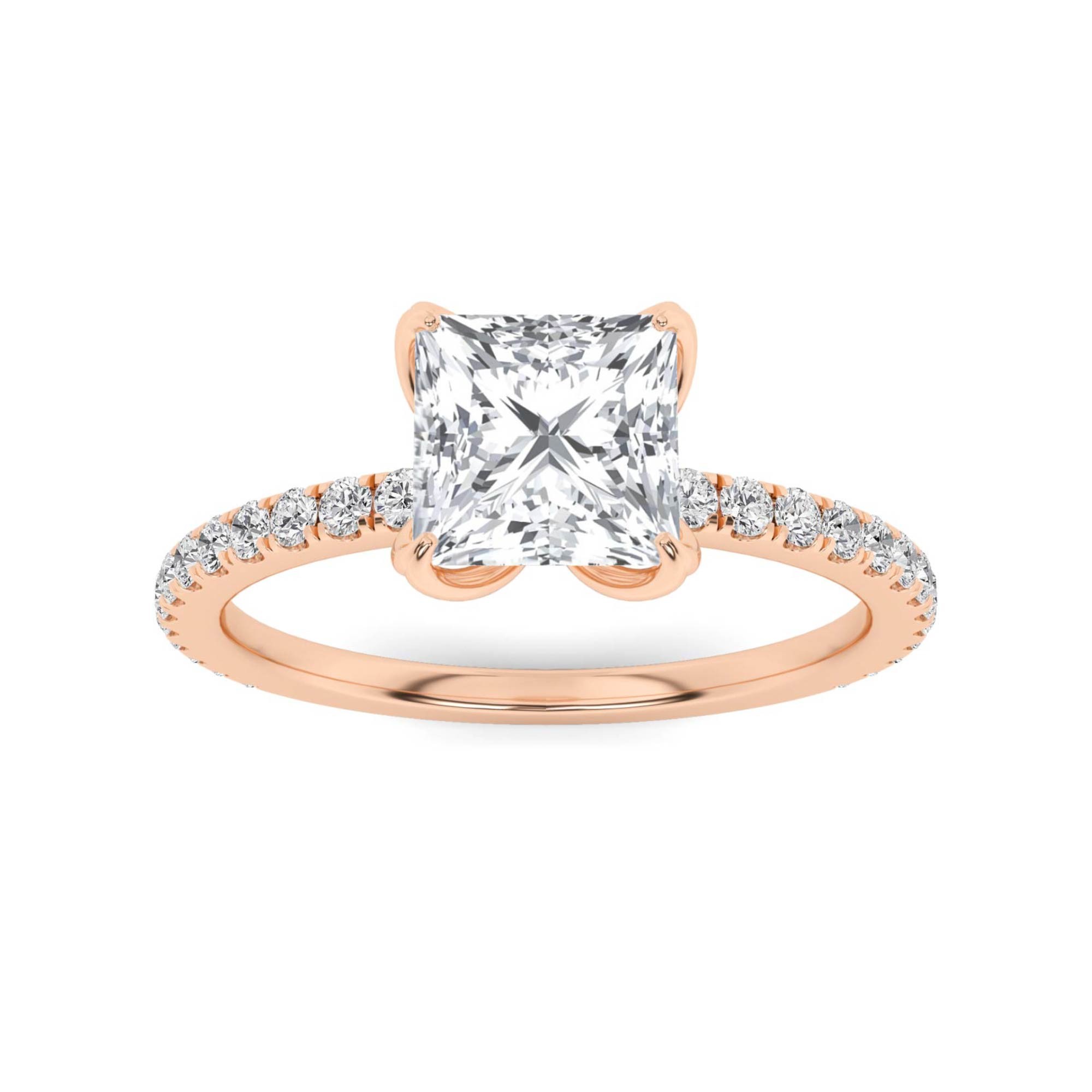 Enchanted 4 Prong Flower Round Side Stone Diamond Engagement Ring in 9K Rose Gold