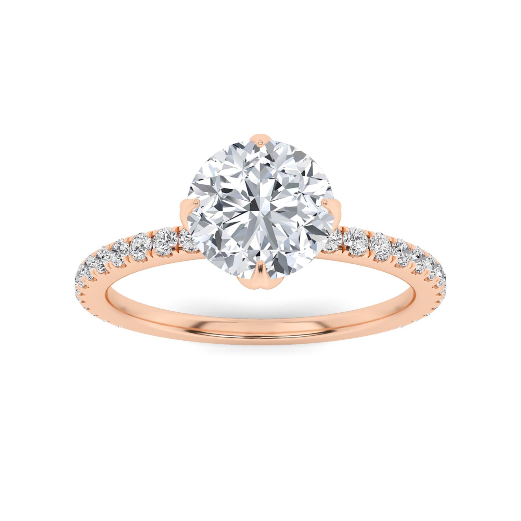 Enchanted 4 Prong Flower Round Side Stone Diamond Engagement Ring in 9K Rose Gold