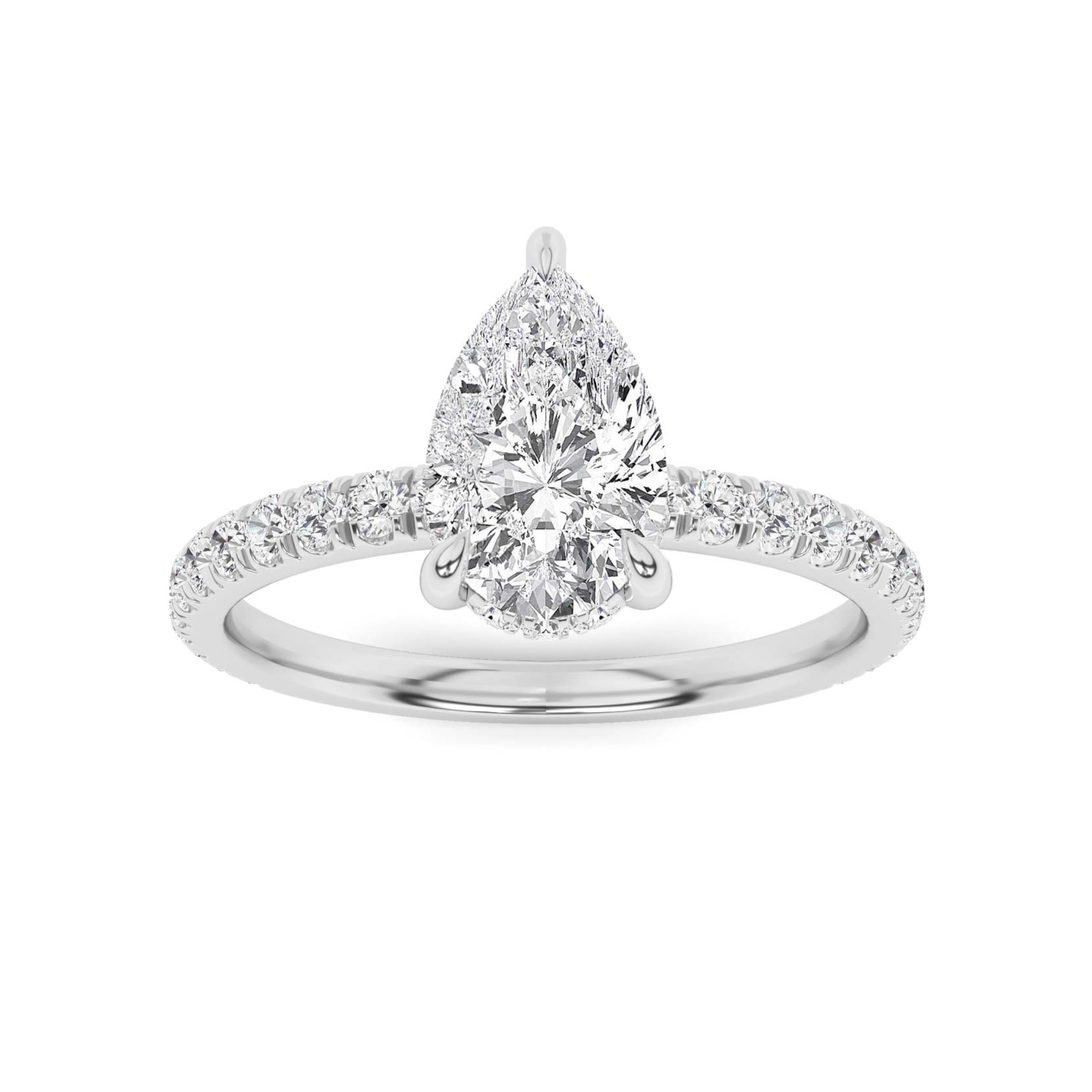 Classic Hidden Halo V Claw Round Side Stone Diamond Engagement Ring in 9K White Gold