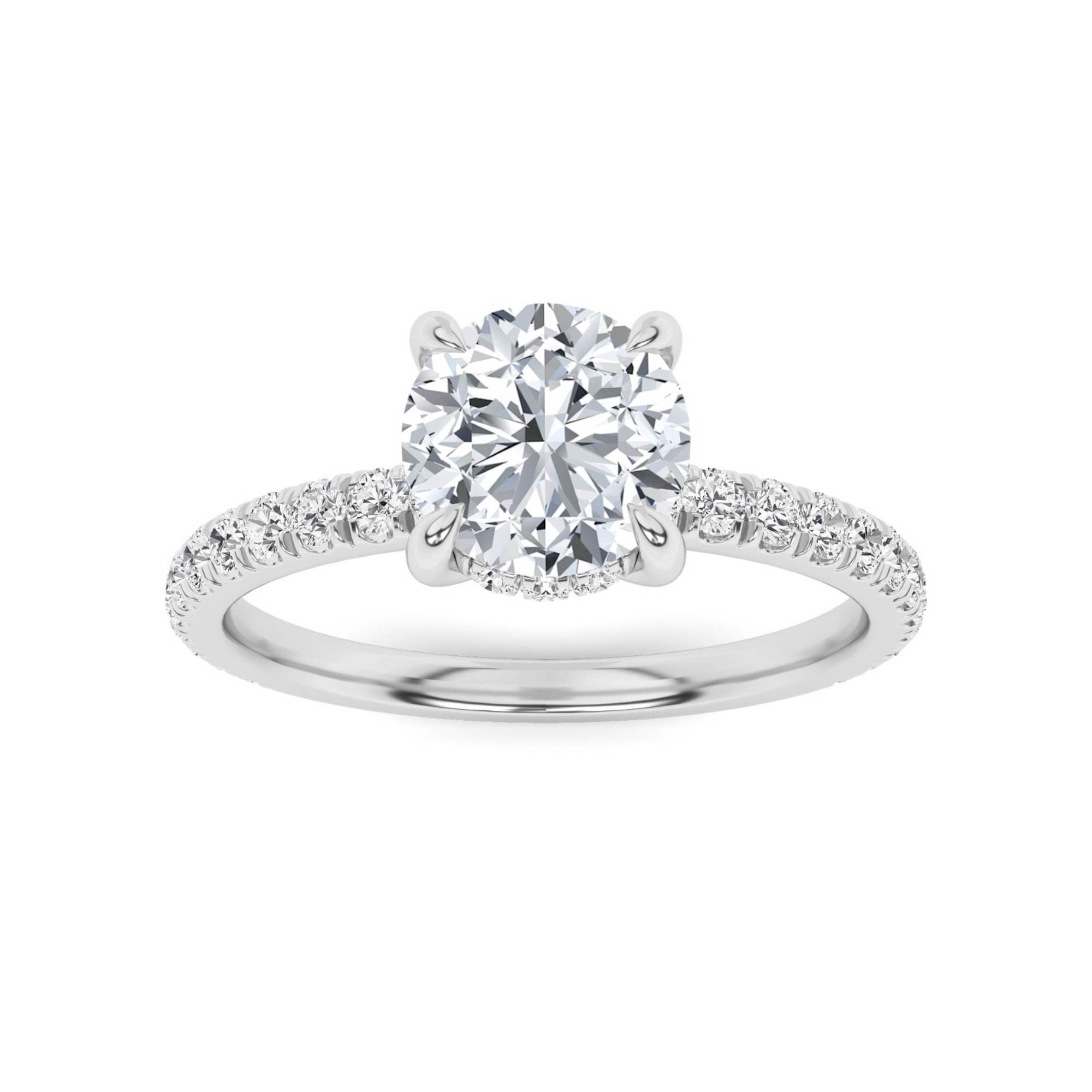 Classic Hidden Halo V Claw Round Side Stone Diamond Engagement Ring in 9K White Gold