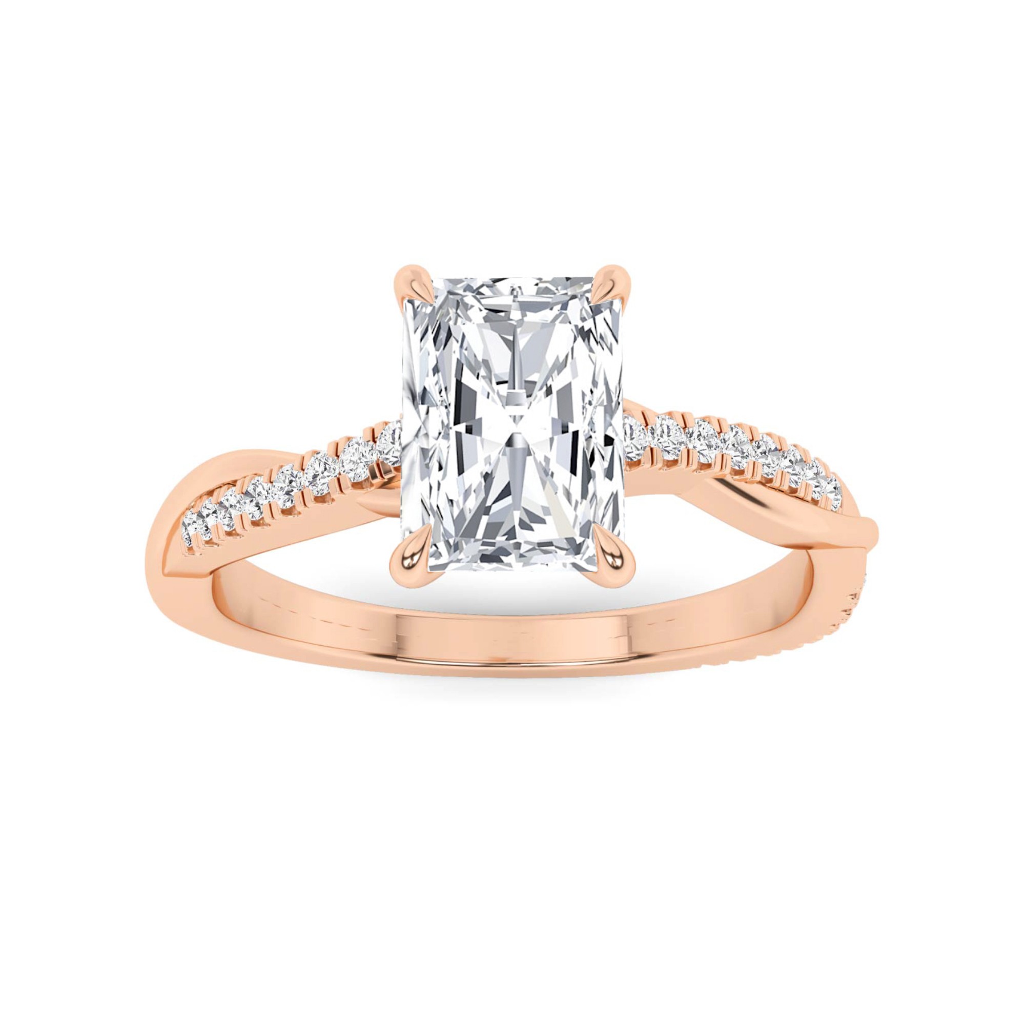 Cross Over Set Prong Set Radiant Side Stone Diamond Engagement Ring in 9K Rose Gold