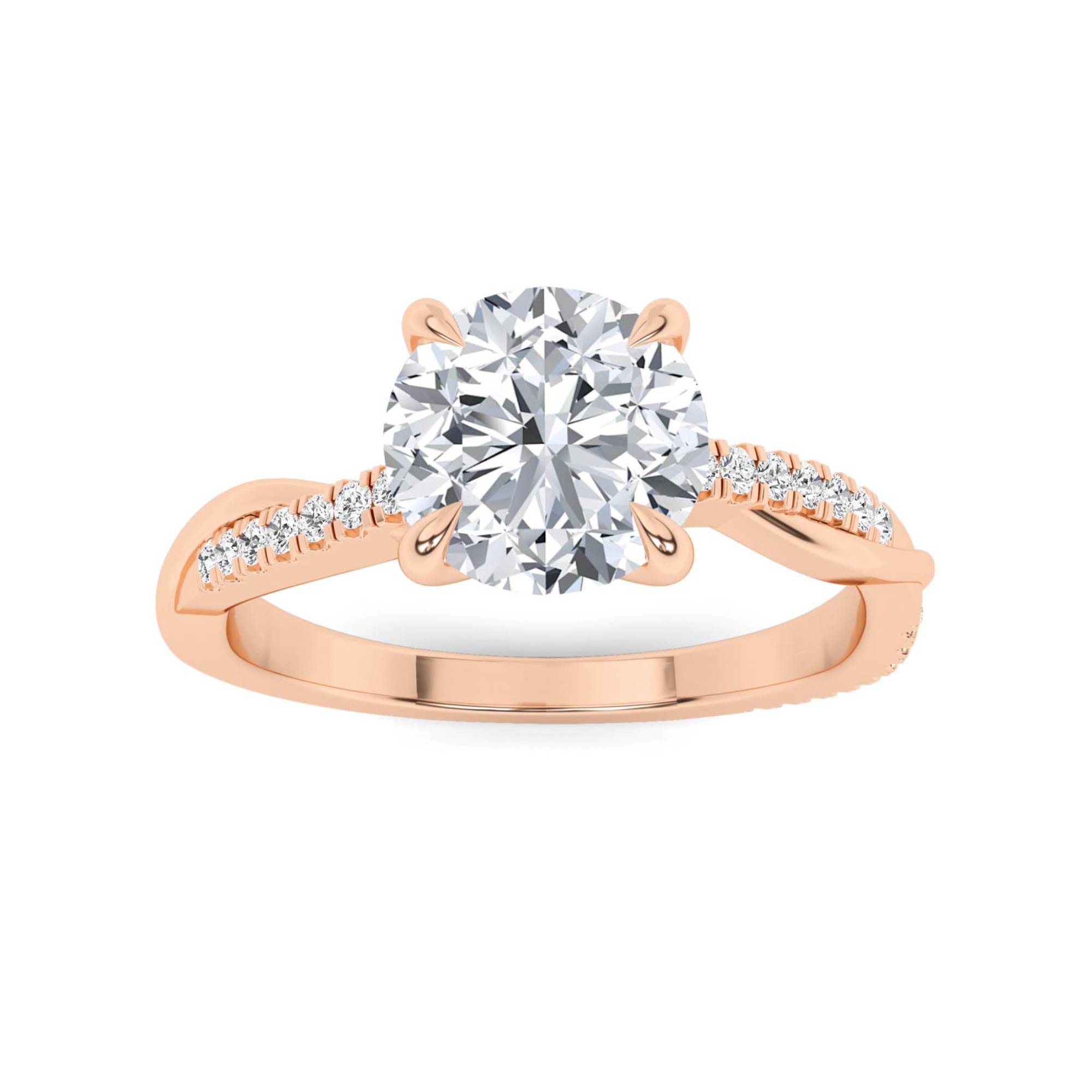 Cross Over Set Prong Set Round Side Stone Diamond Engagement Ring in 9K Rose Gold