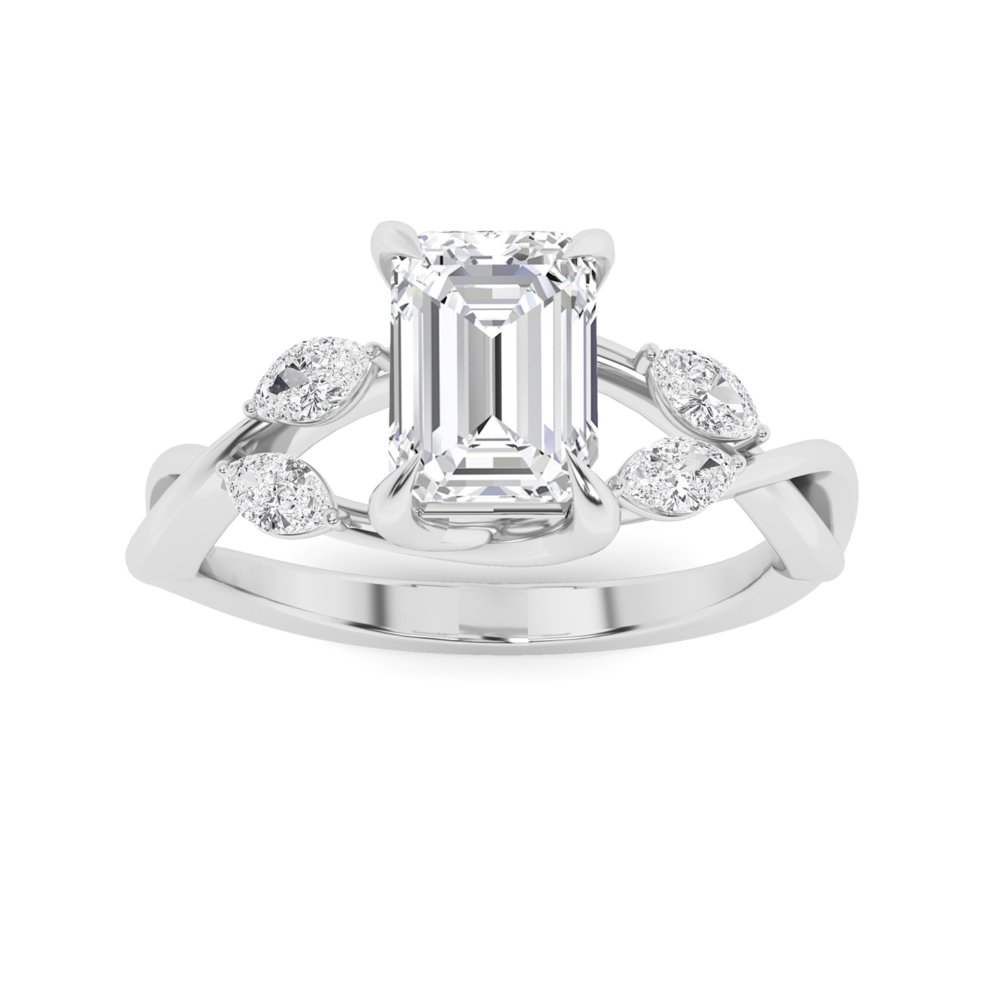 Twisted Unique Style Round Emerald Cut Side Stone Engagement Ring