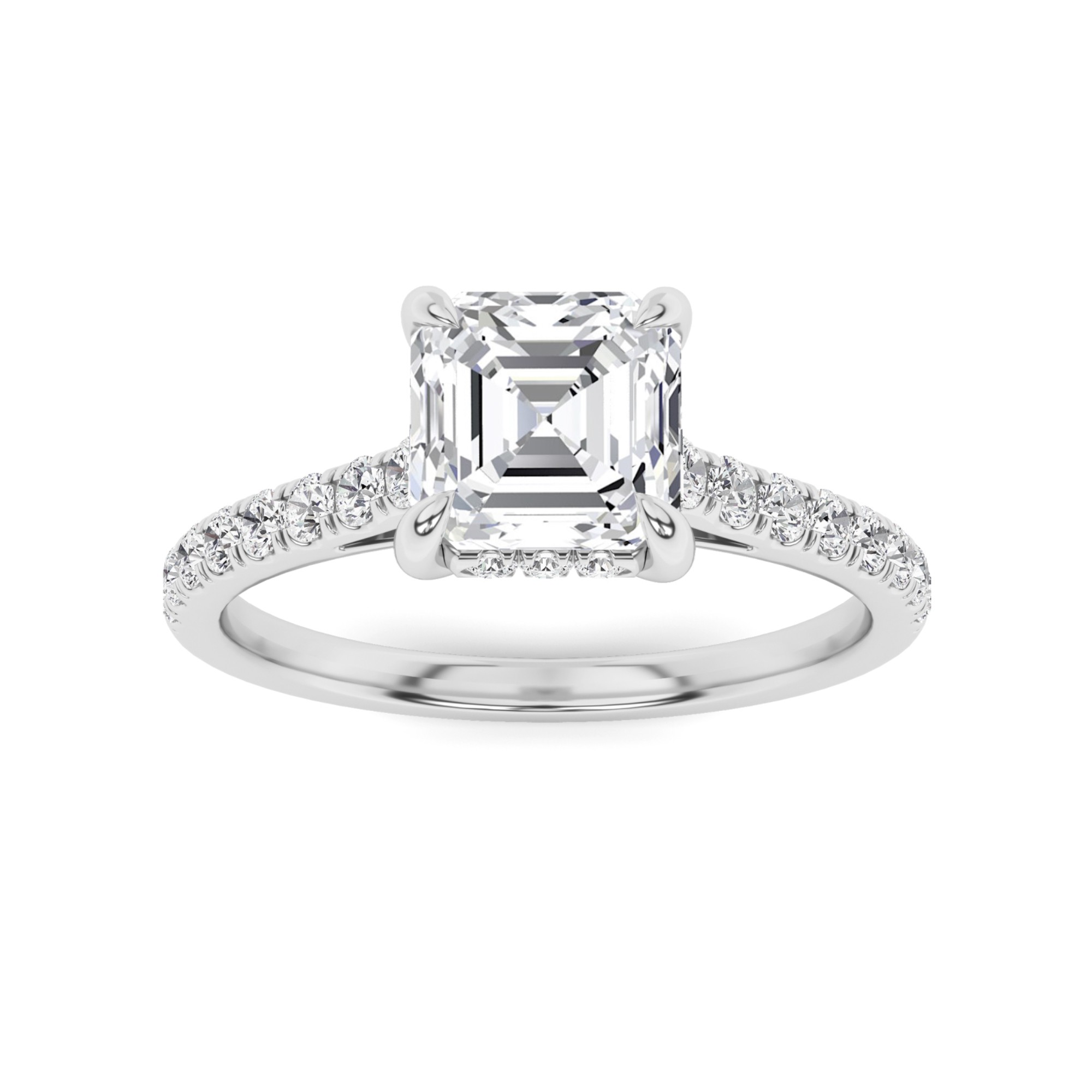 Split Shoulder 4 Prong Round Side Stone Diamond Engagement Ring in 9K White Gold