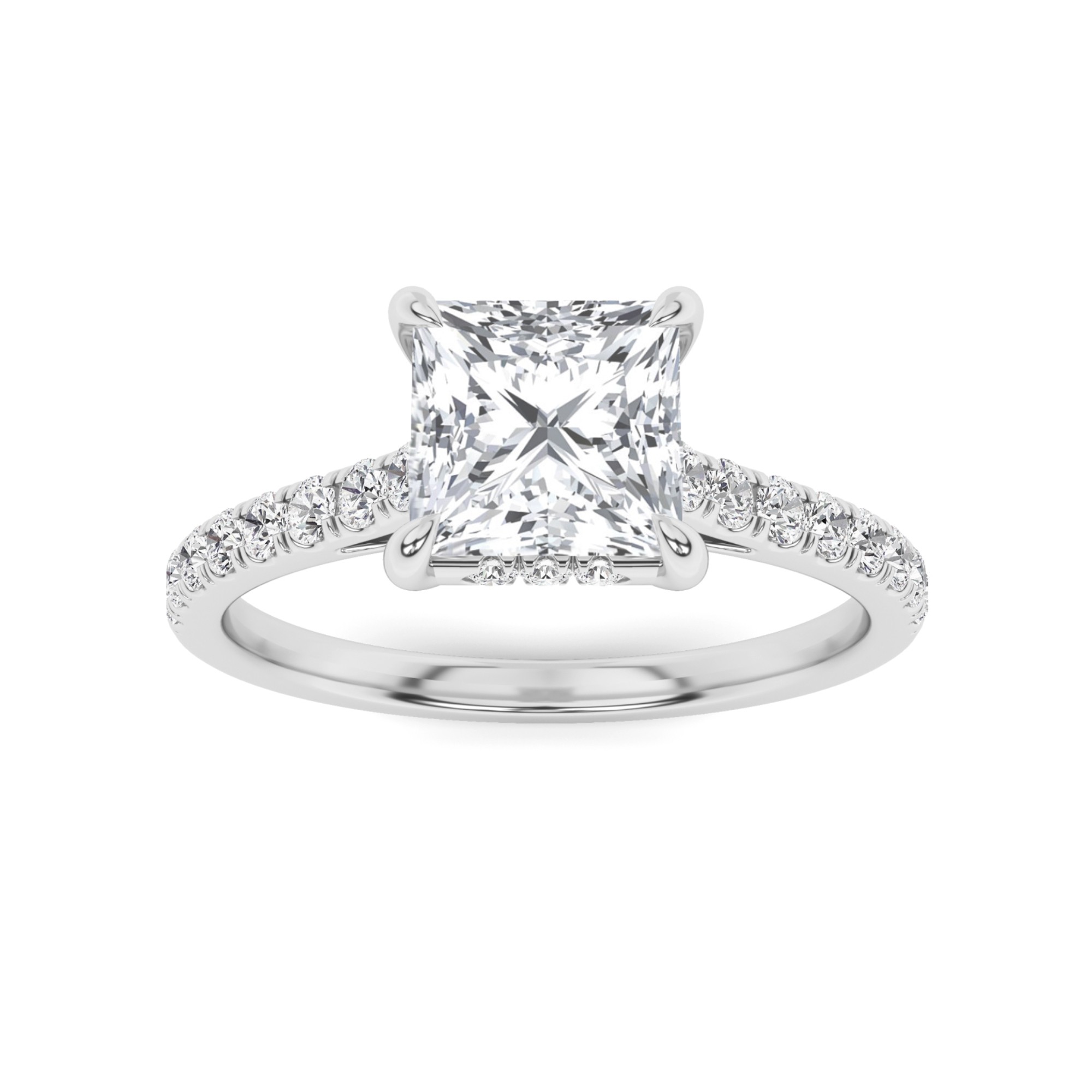 Split Shoulder 4 Prong Round Side Stone Diamond Engagement Ring in 9K White Gold