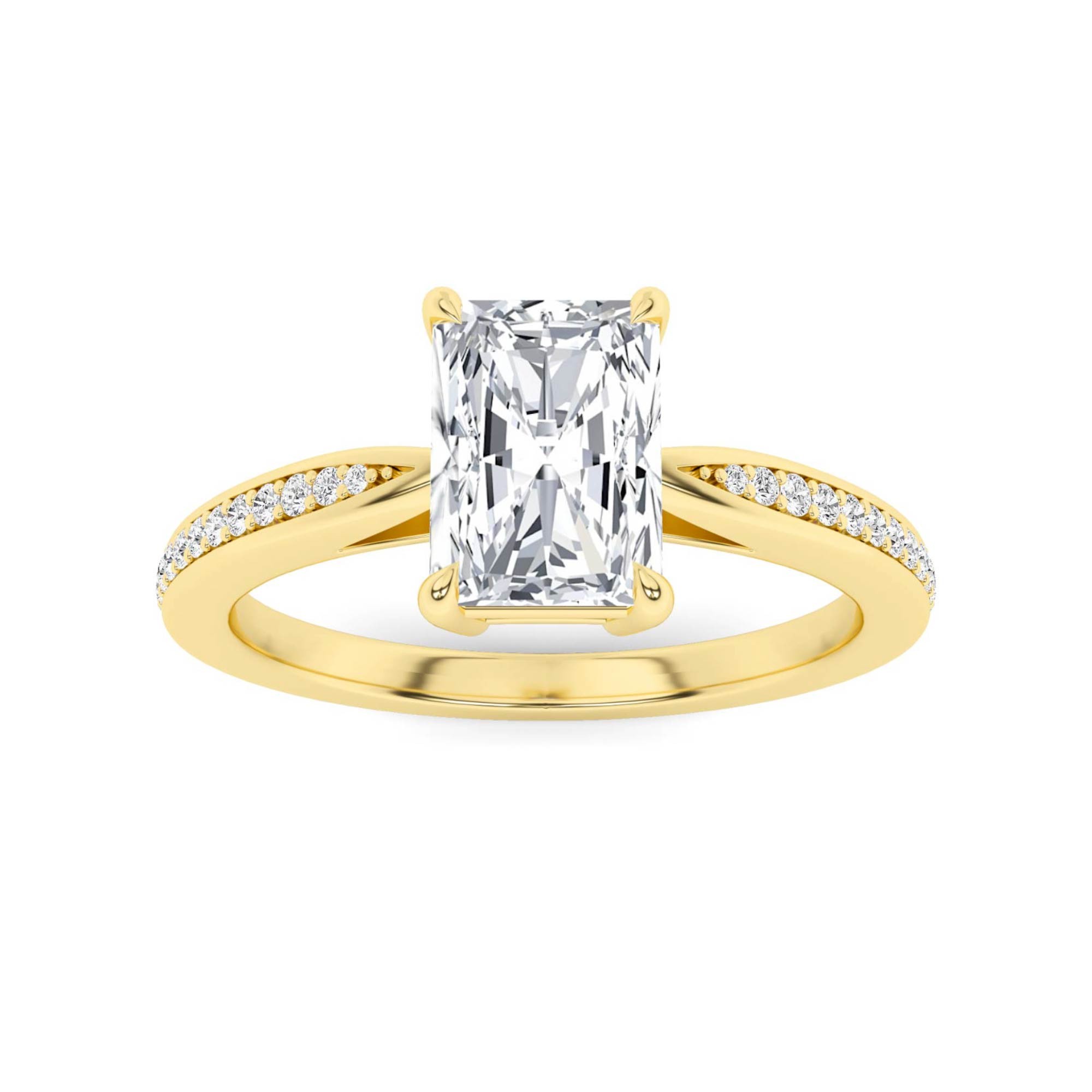 Traditional Prong Set Radiant Cut  Side Stone Diamond Engagment Ring in 9K Yellow Gold