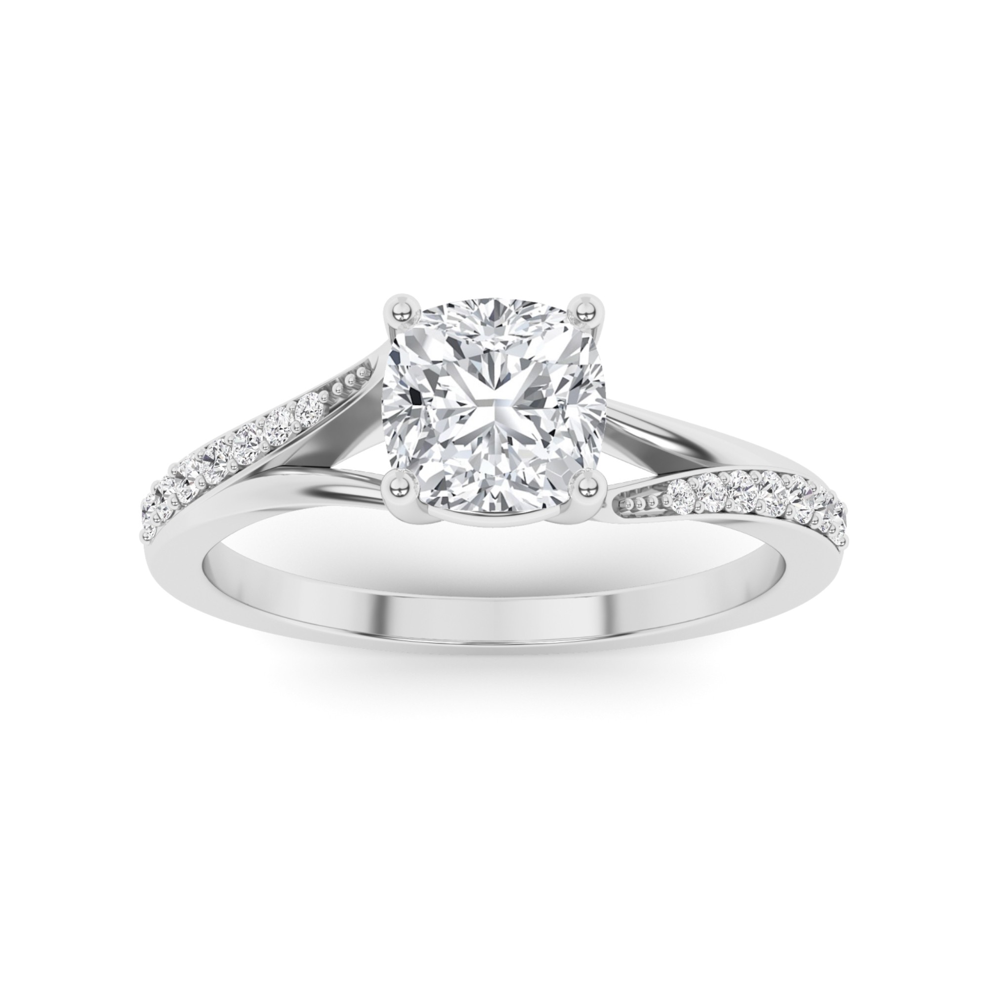 Twisted Shoulder 4 Prong Round Side Stone Diamond Engagement Ring in 9K White Gold