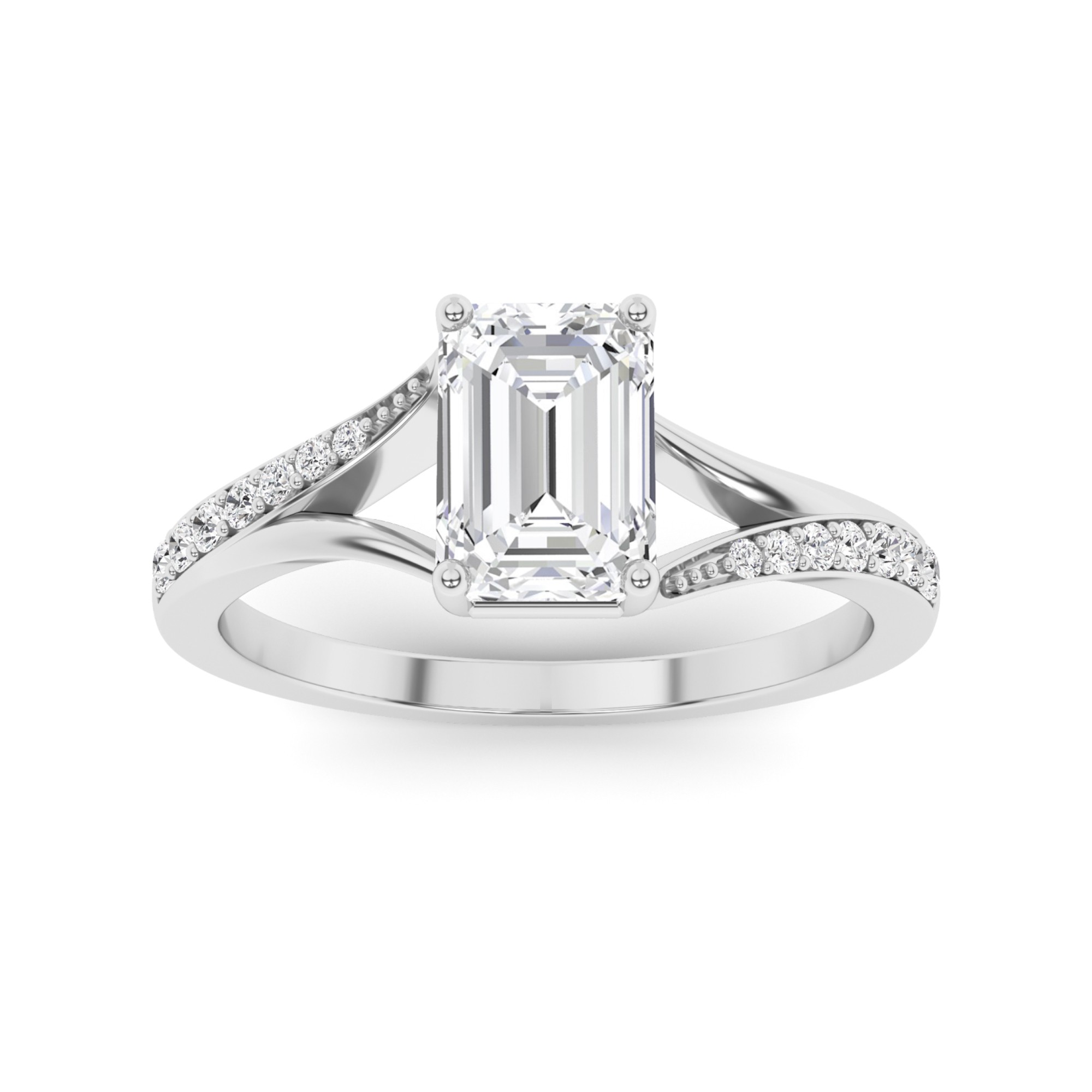 Twisted Shoulder 4 Prong Round Side Stone Diamond Engagement Ring in 9K White Gold