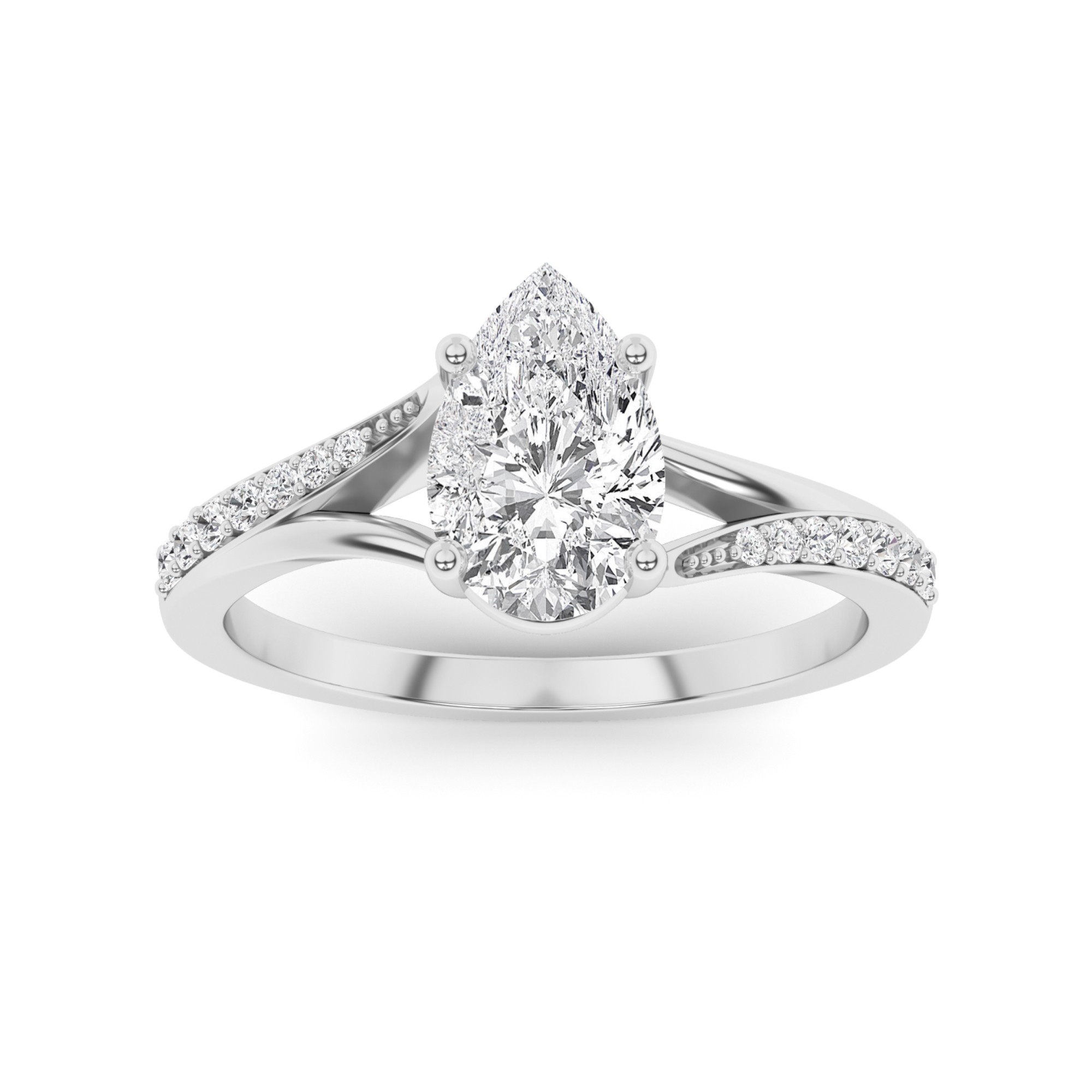 Twisted Shoulder 4 Prong Round Side Stone Diamond Engagement Ring in 9K White Gold