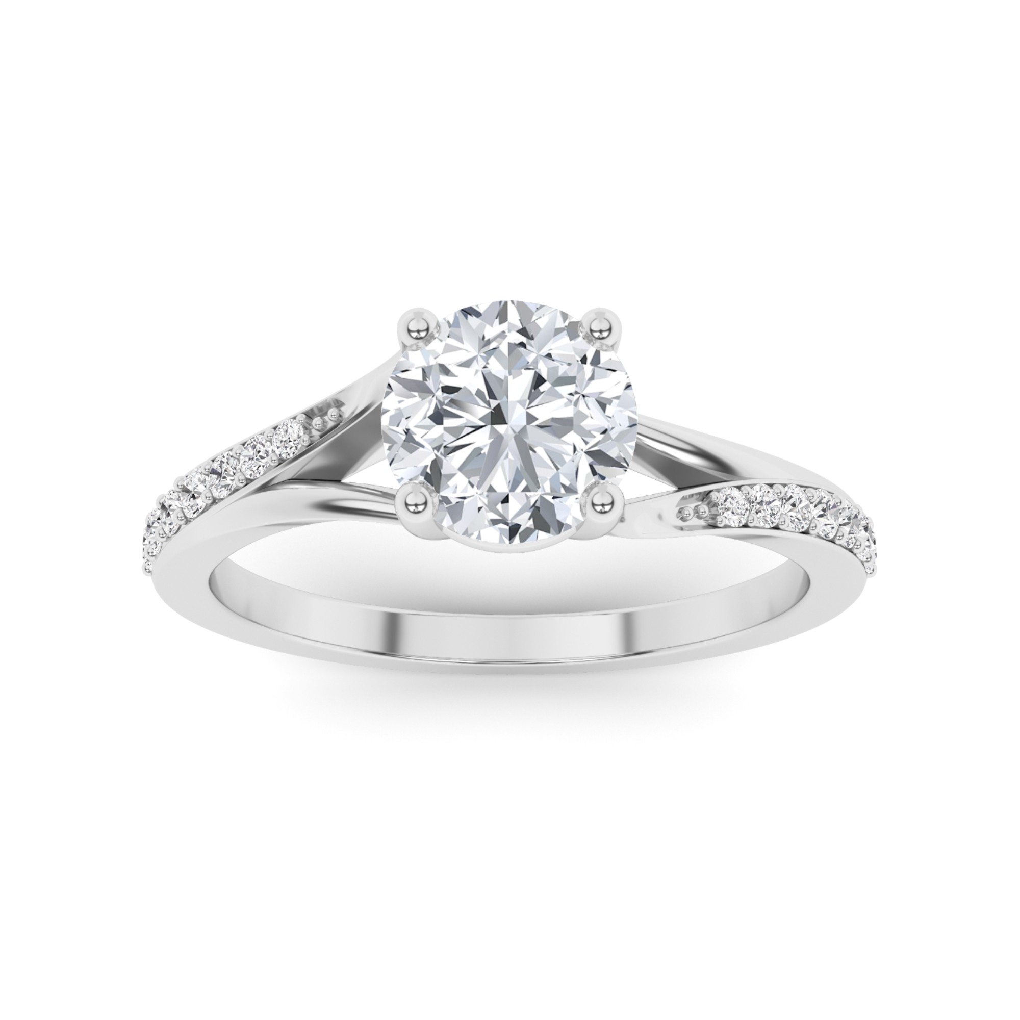 Twisted Shoulder 4 Prong Round Side Stone Diamond Engagement Ring in 9K White Gold