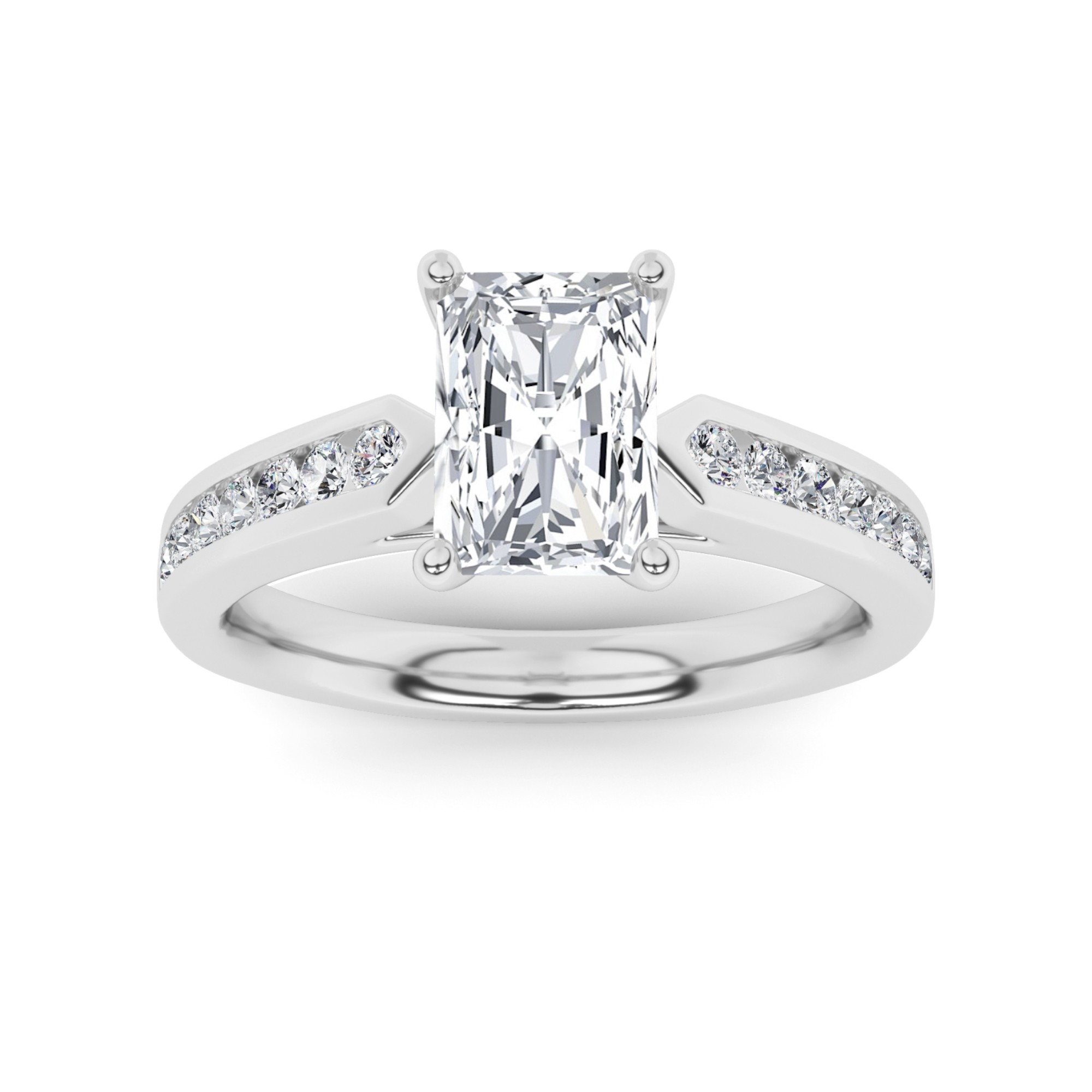 Promise Channel Set Radiant And Radiant Cut Side Stone Diamond Engagment Ring in 9K White Gold